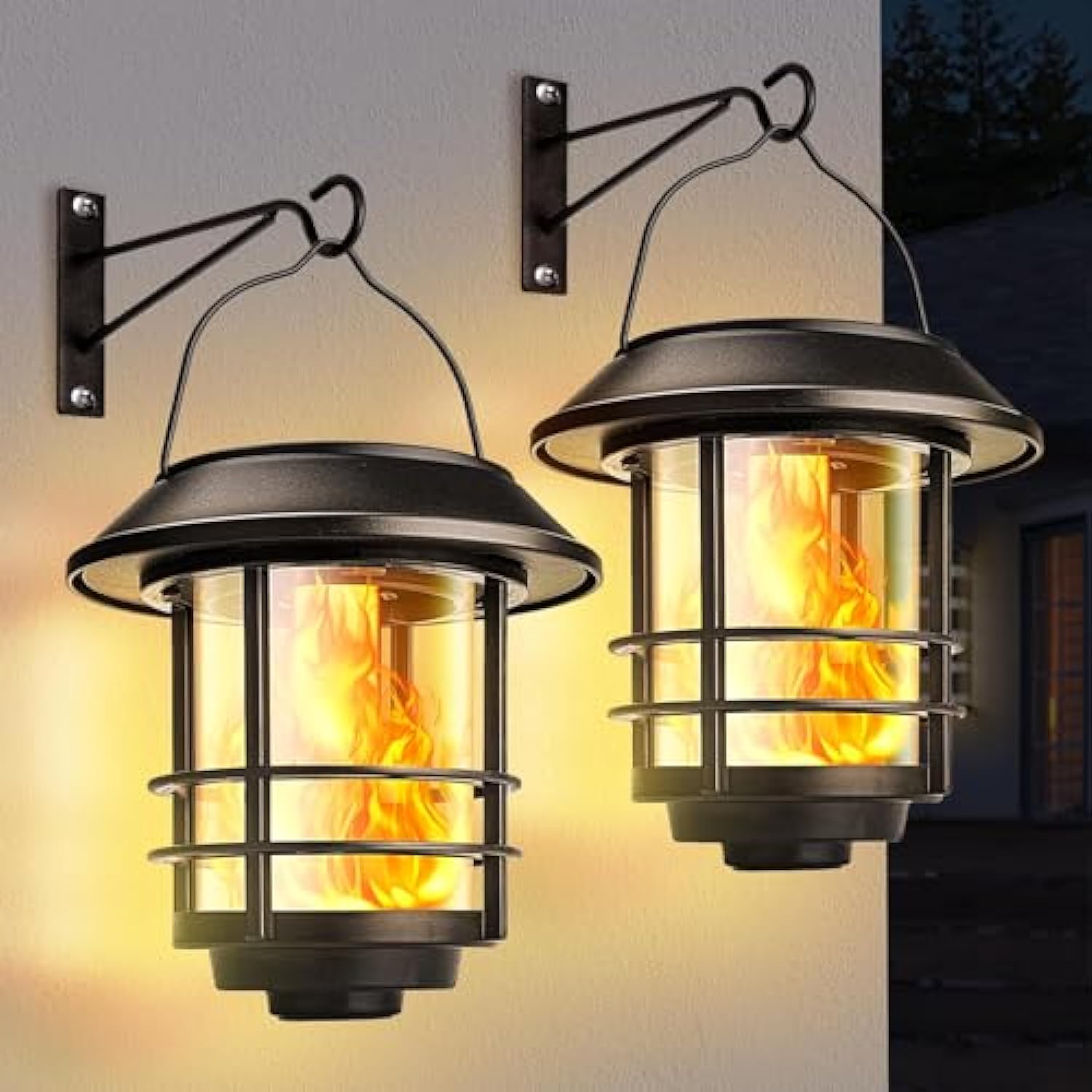 Zewnętrzna solarna lampa LED, 2 kinkiety zewnętrzne solarne z realistycznym efektem płomienia, wodoodporna latarnia zewnętrzna IP65