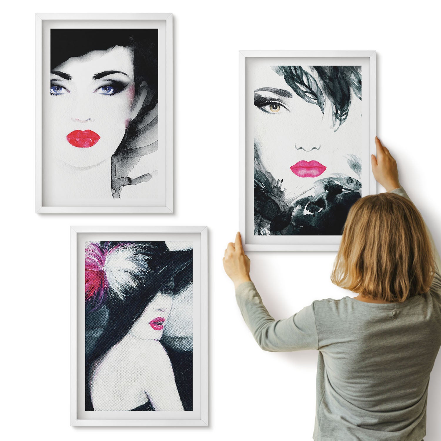 Galeria ścienna 3-częściowy komplet obrazów w białych ramach - Malowane portrety kobiet z wyrazistymi ustami - ArtPrintCave