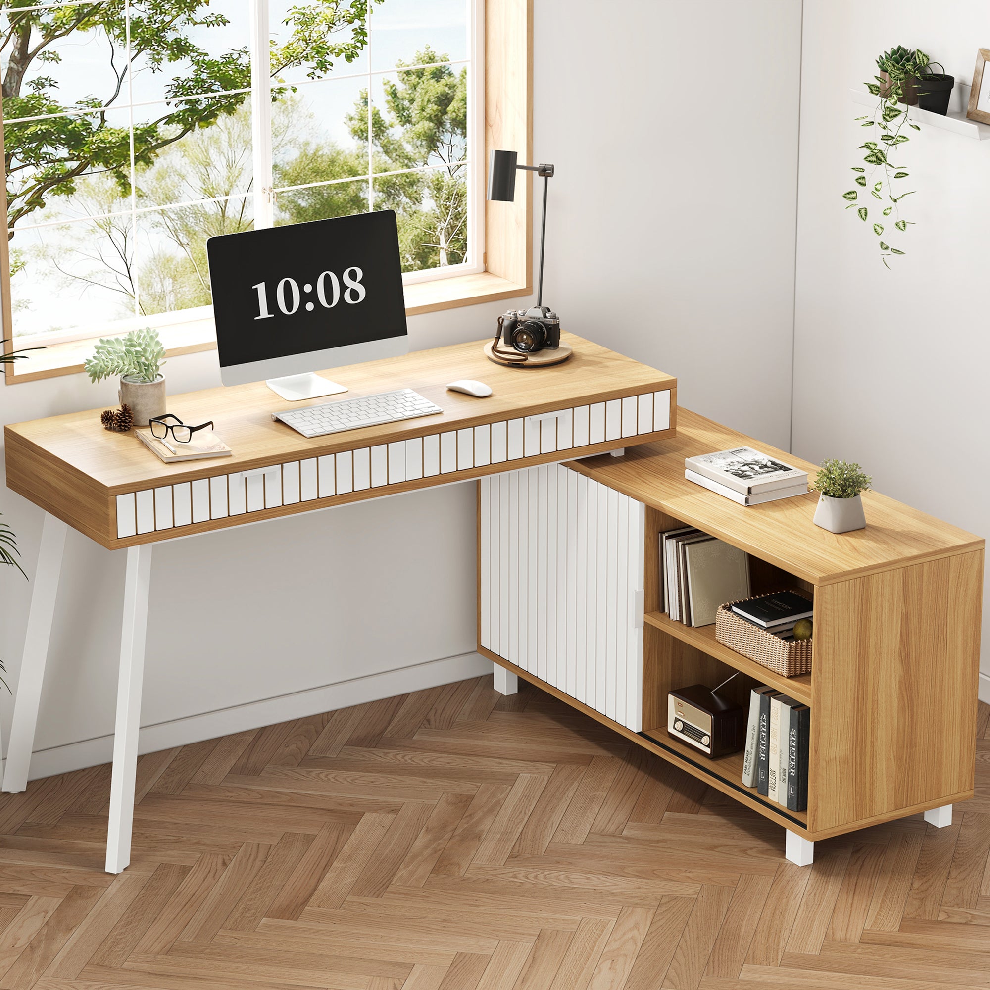 Biurko narożne z 2 drzwiami przesuwnymi i 2 szufladami - 140 x 120 x 76,5 cm - MDF + nogi stalowe - Naturalny + biały