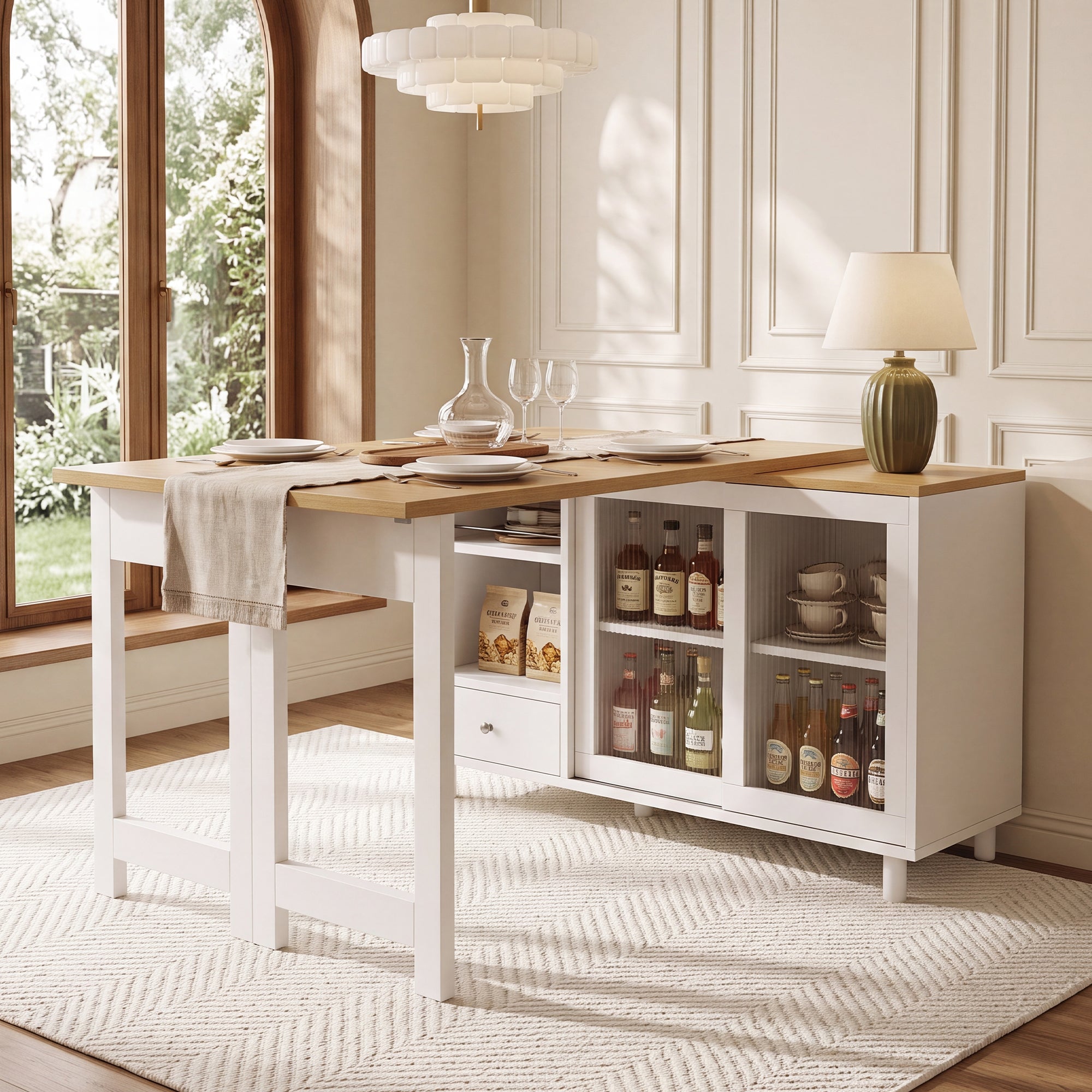 Składany i rozkładany stół jadalny z 1 szufladą i 2 szklanymi drzwiami - MDF, stal i szkło - 120 x 40 x 75,5 cm - Biały i naturalny