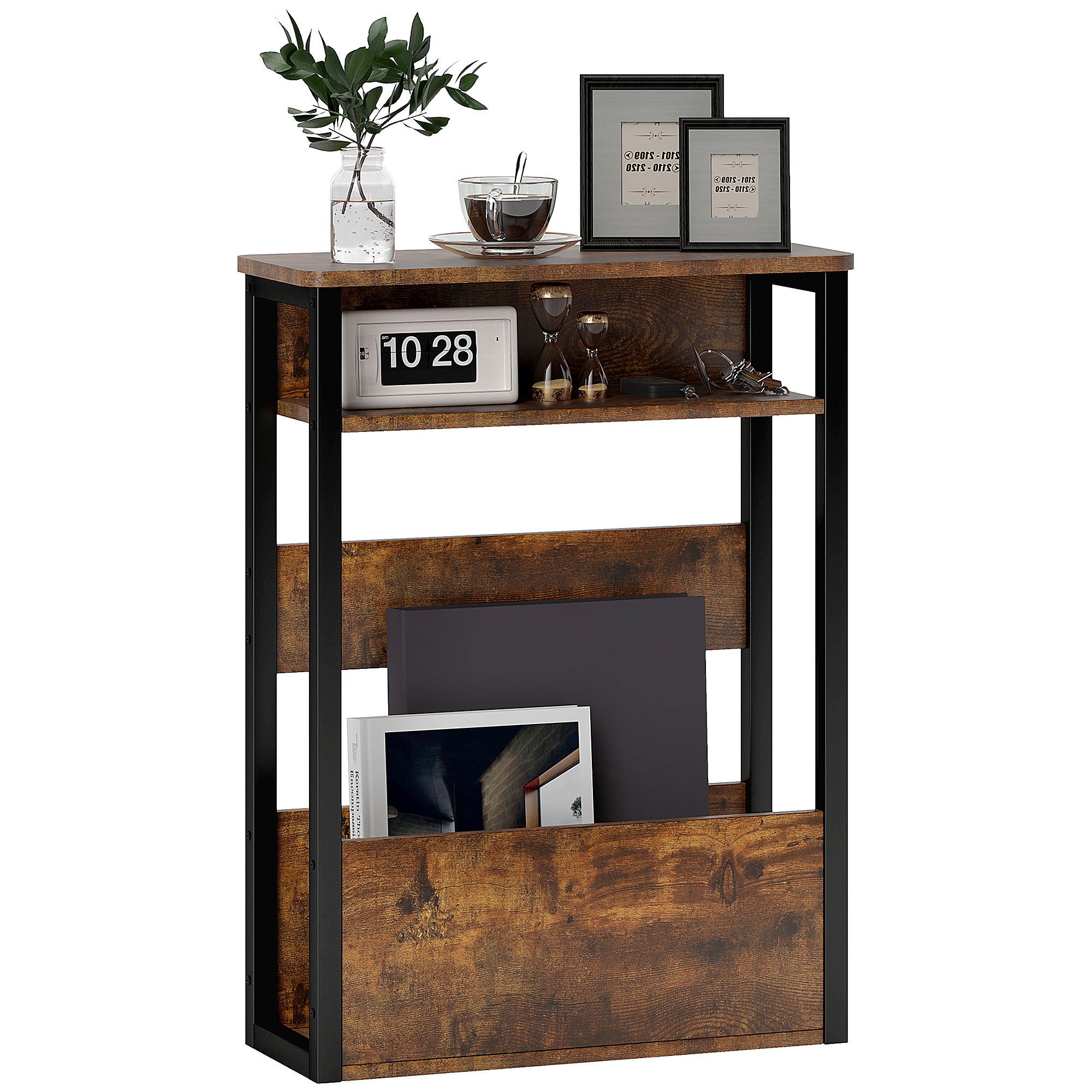 Stolik kawowy w stylu industrialnym z 2 półkami, drewno i metal, 46x18x58,5 cm, brązowy
