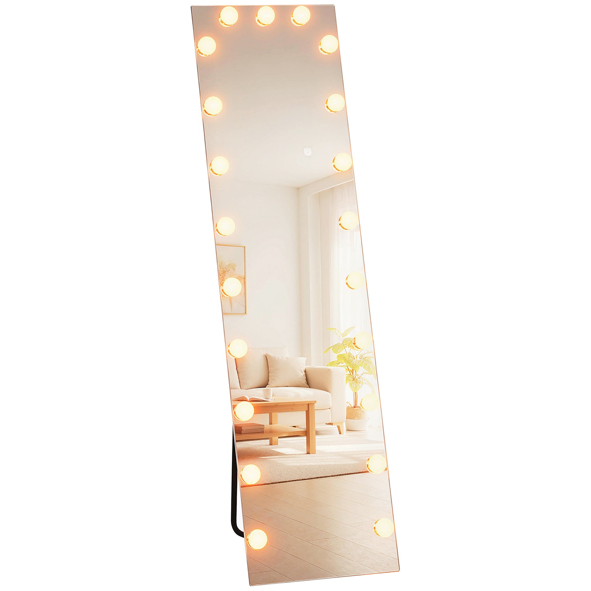 Lustro stojące RGB-LED 150x40 cm, pełnowymiarowe, z 21 żarówkami, 7 barwami światła, włącznikiem dotykowym, funkcją pamięci
