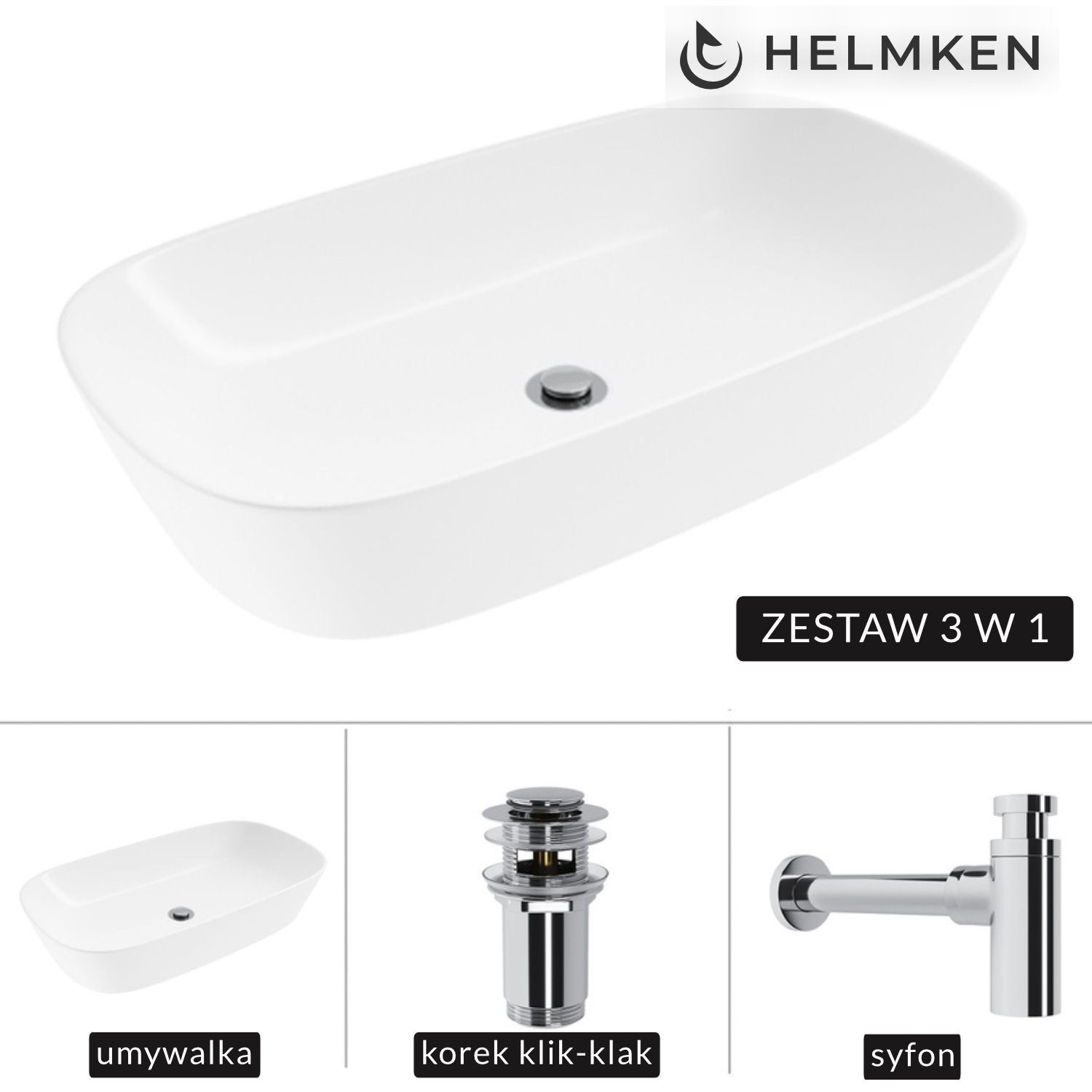Umywalka nablatowa Helmken 39370000 (70x38) Biała + Syfon Chrom + Korek klik-klak Chrom