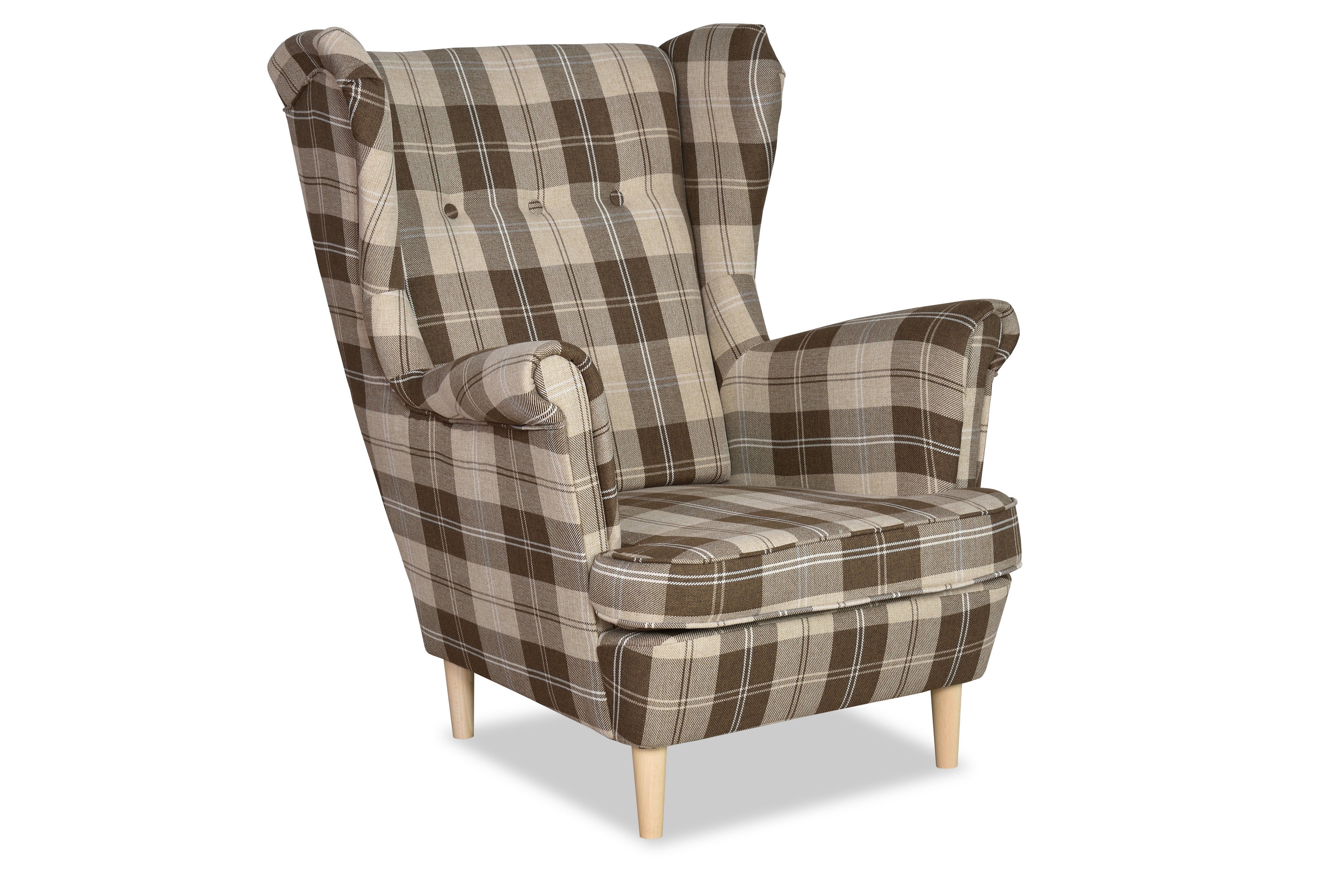 Fotel uszak skandynawski kratka szkocka pleciona brąz Winston Family Meble