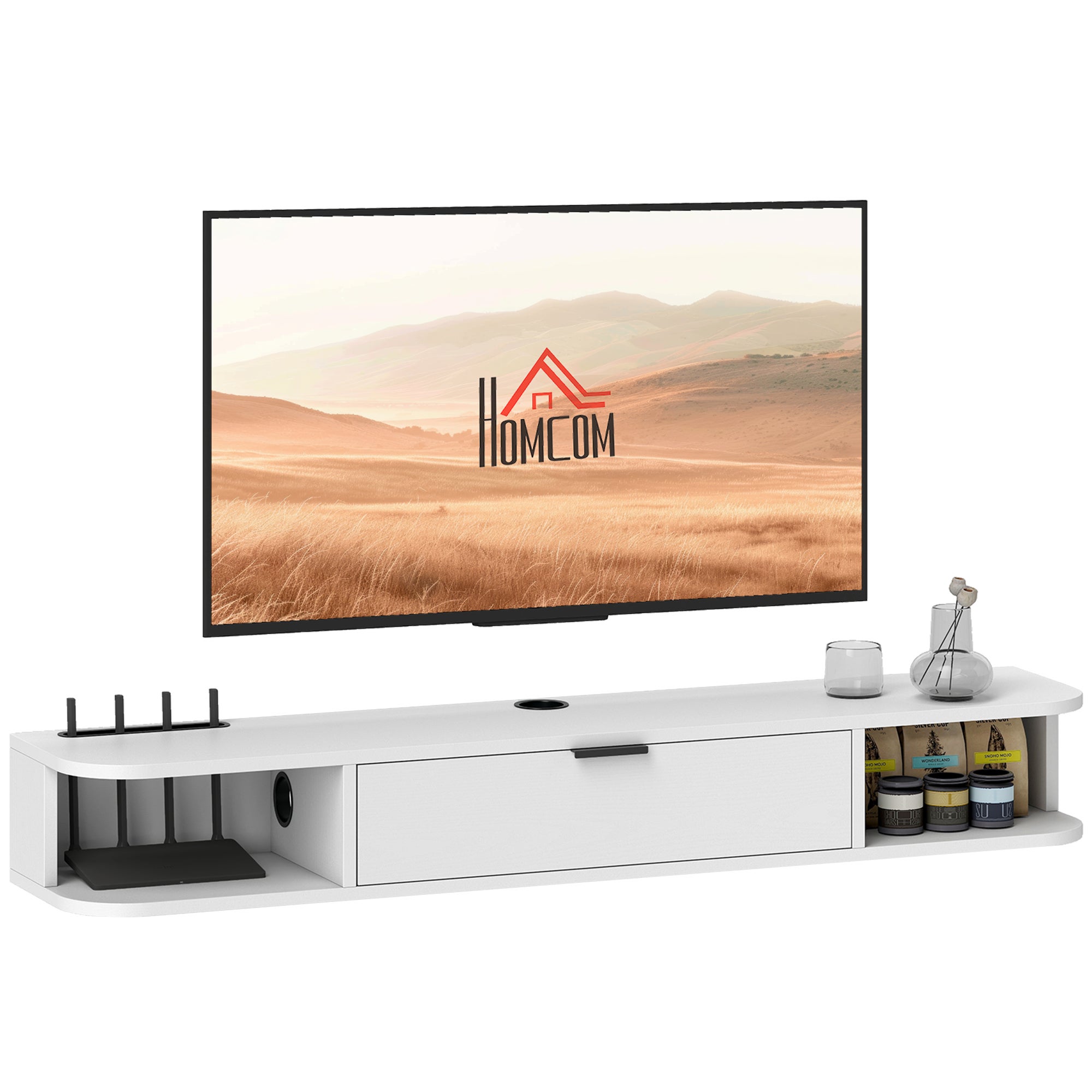 Szafka RTV wisząca 120 cm, stojak pod TV do 50 cali, składana szuflada, 2 półki, 120x24x16cm, kolor biały