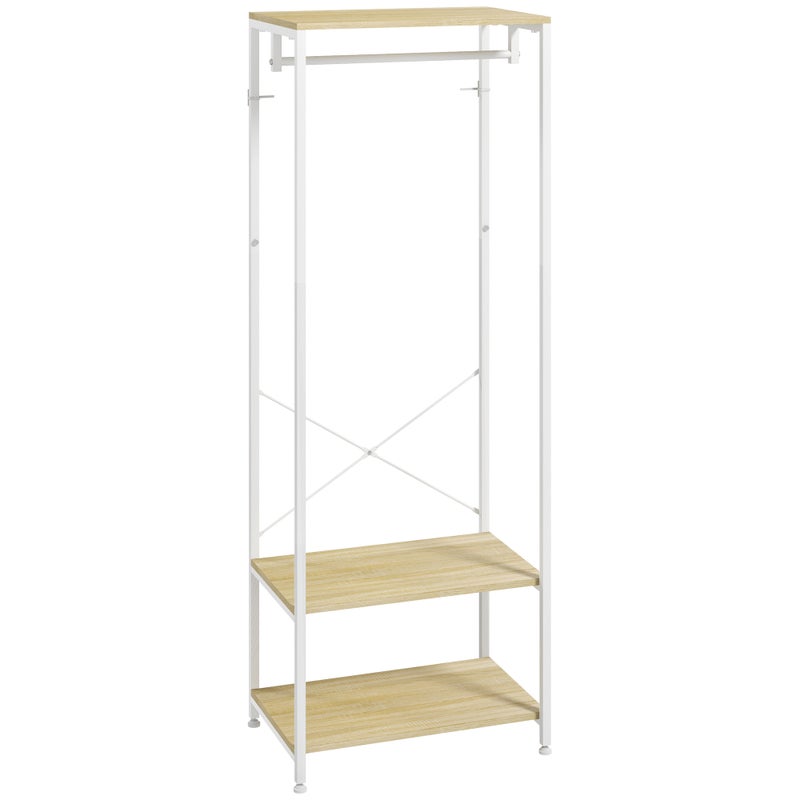 Wieszak na ubrania z paskiem i 2 półkami na buty 60L x 40W x 167,5H cm Wygląd jasnego drewna Biały metal
