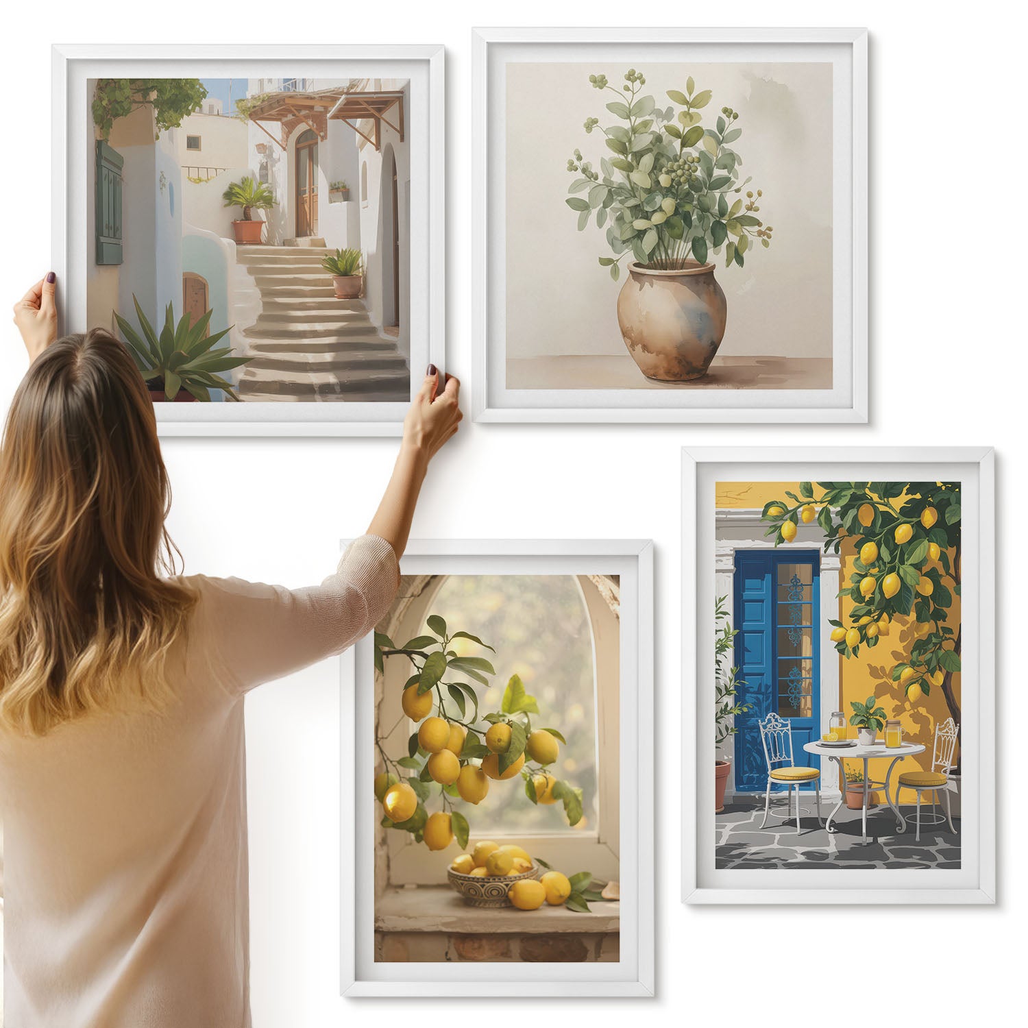Galeria ścienna 4-częściowy komplet obrazów w białych ramach - Cytryny w miasteczku włoska architektura - ArtPrintCave