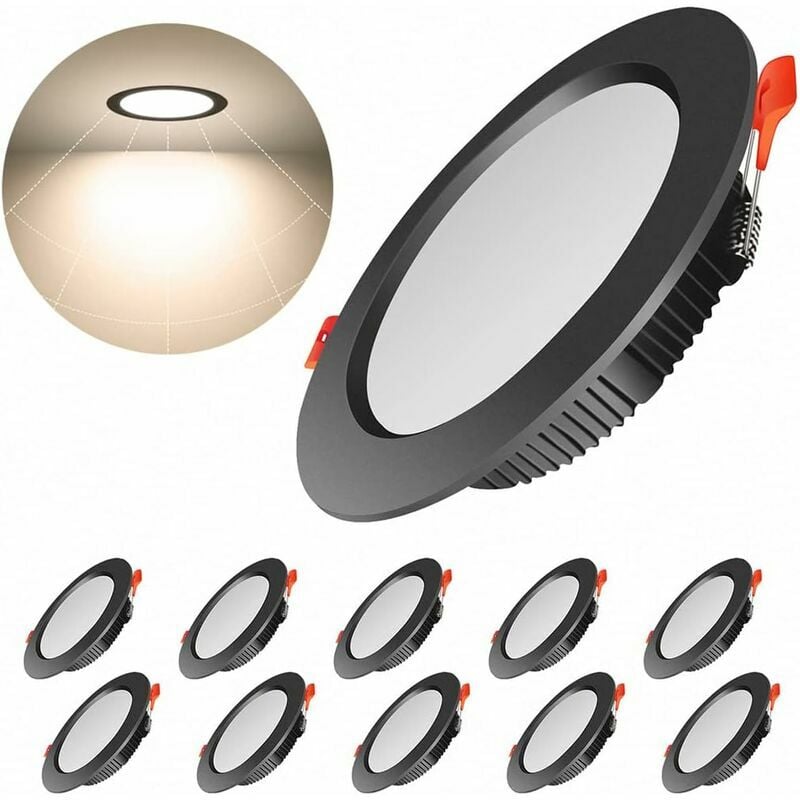 7W LED Spot Wpuszczany Przyciemniany Czarny Extra Płaski Zestaw 10 szt., IP44, 3000K Ciepła Biel, Otwór Montażowy 8-9CM, Okrągły Do Zabudowy Sufitowej
