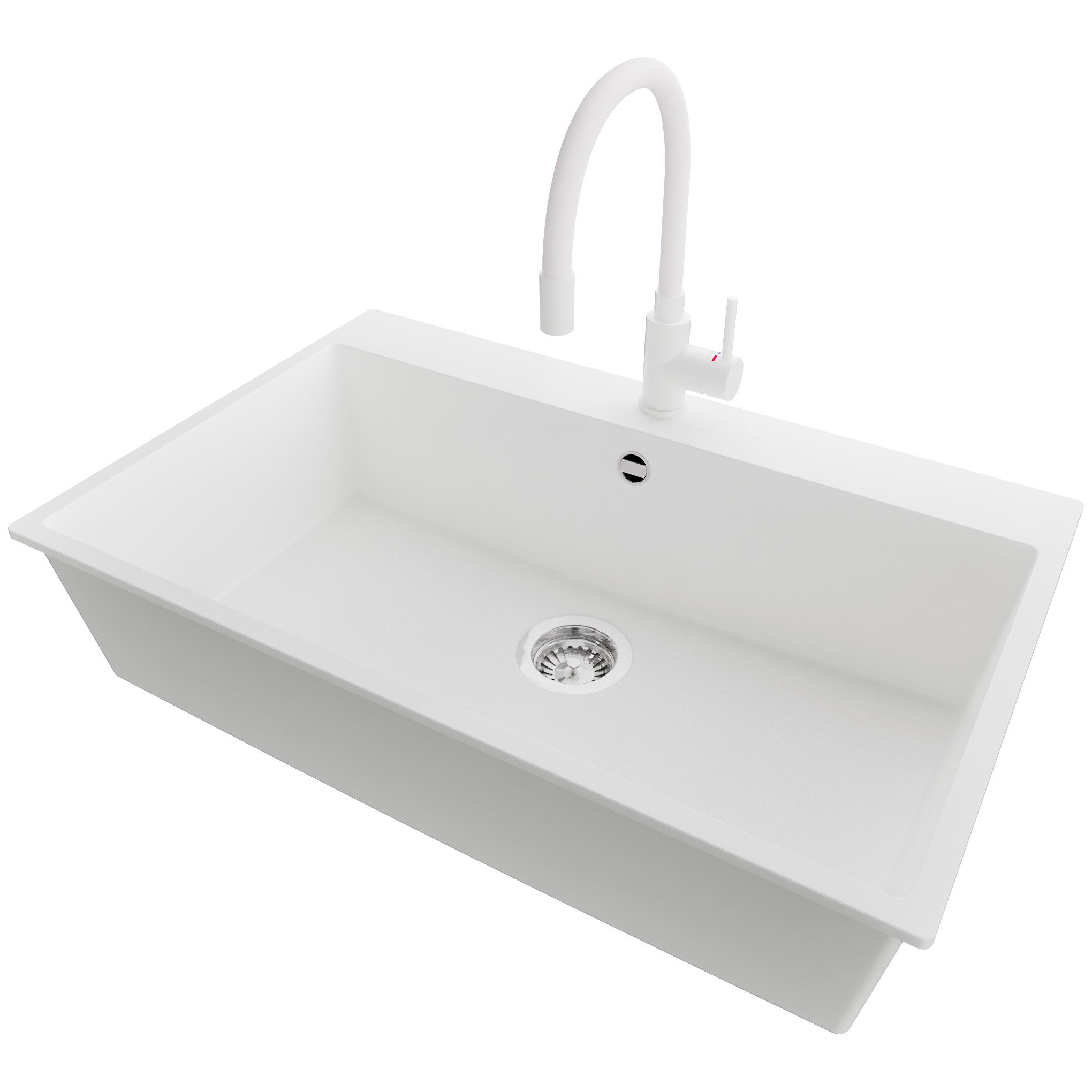 Zlewozmywak Granitowy Biały 78x50cm, Zlew Kuchenny 1 Komorowy + Bateria 38x14cm + Syfon, Nablatowy do szafki od 80cm - Ryga PRIMAGRAN