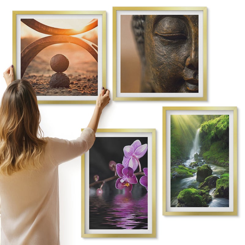 Galeria ścienna 4-częściowy komplet obrazów w złotych ramach - Kwiaty w wodzie wodospad z zielonymi skałami Budda - ArtPrintCave