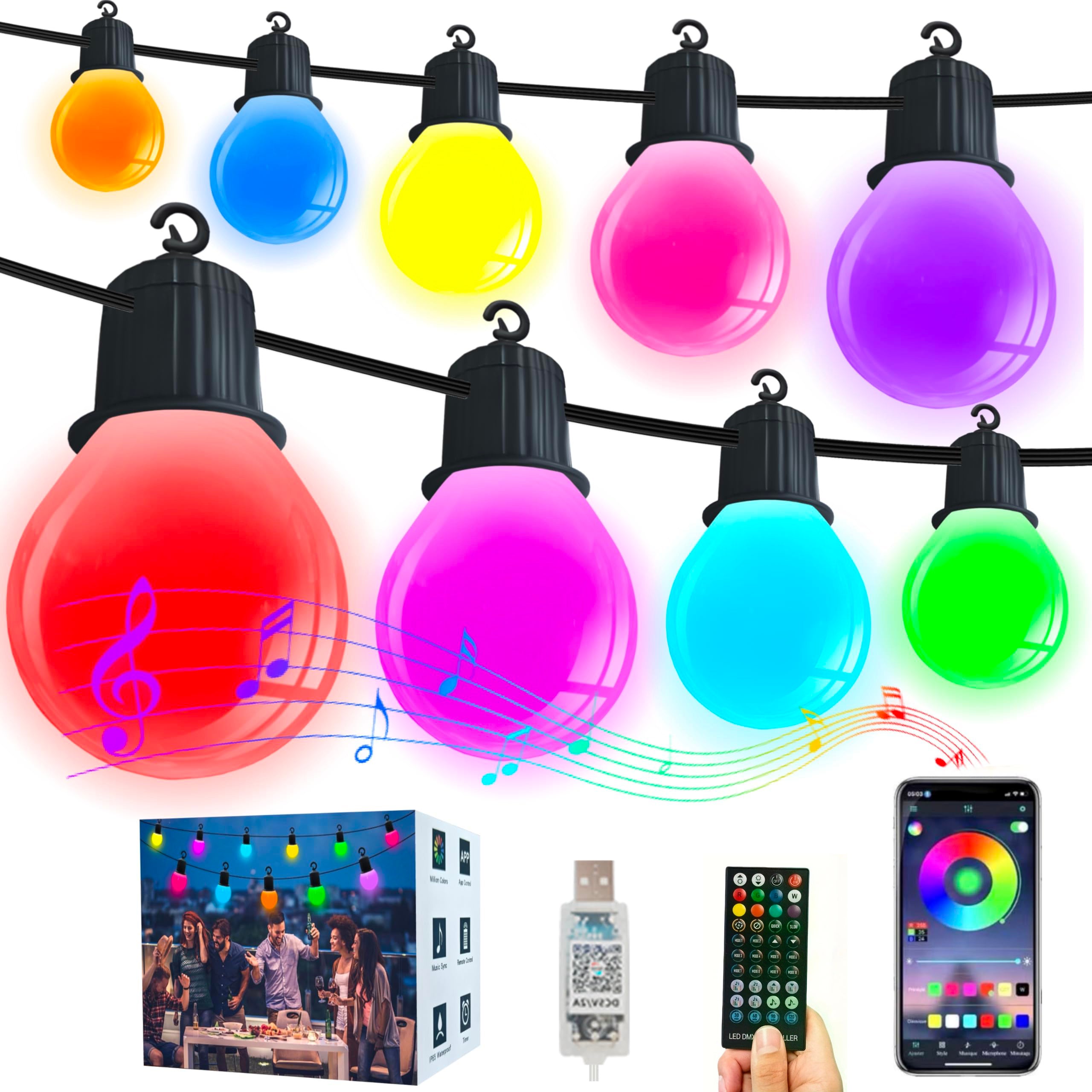 33-metrowy łańcuch świetlny RGB do użytku na zewnątrz z 50 żarówkami, pilot i sterowanie aplikacją, IP65,timer,odpowiedni na Boże Narodzenie,do ogrodu