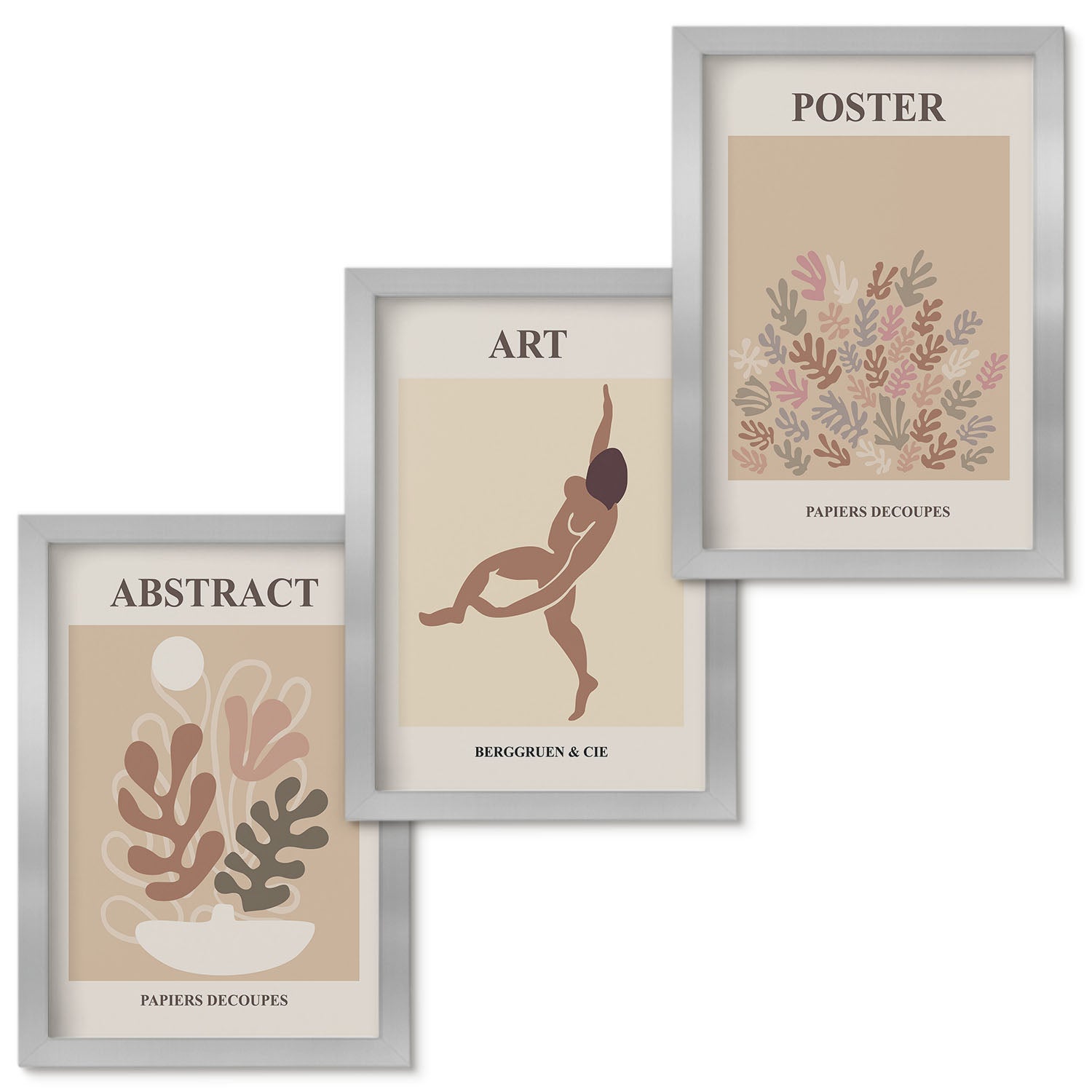 Zestaw obrazów w ramie - 3 części | Stylowe abstrakcyjne kompozycje Henri Matisse | Srebrna ramka