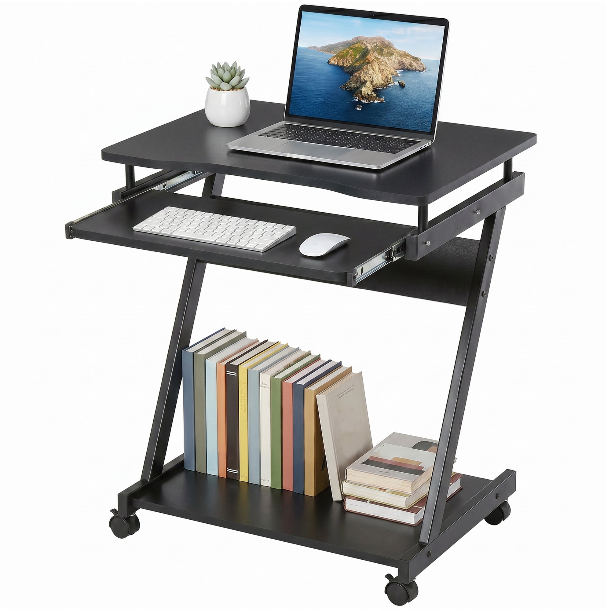 Czarny metalowa rama Biurko komputerowe z Koła 60x48 cm z Przesuwny półka na klawiaturę i Lower Półka