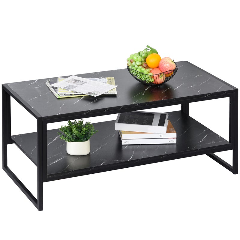 Czarny stolik kawowy, stolik boczny z efektem marmuru z dolną półką, do salonu lub biura, nowoczesny design, stalowa rama, 106 x 50 x 45 cm, czarny