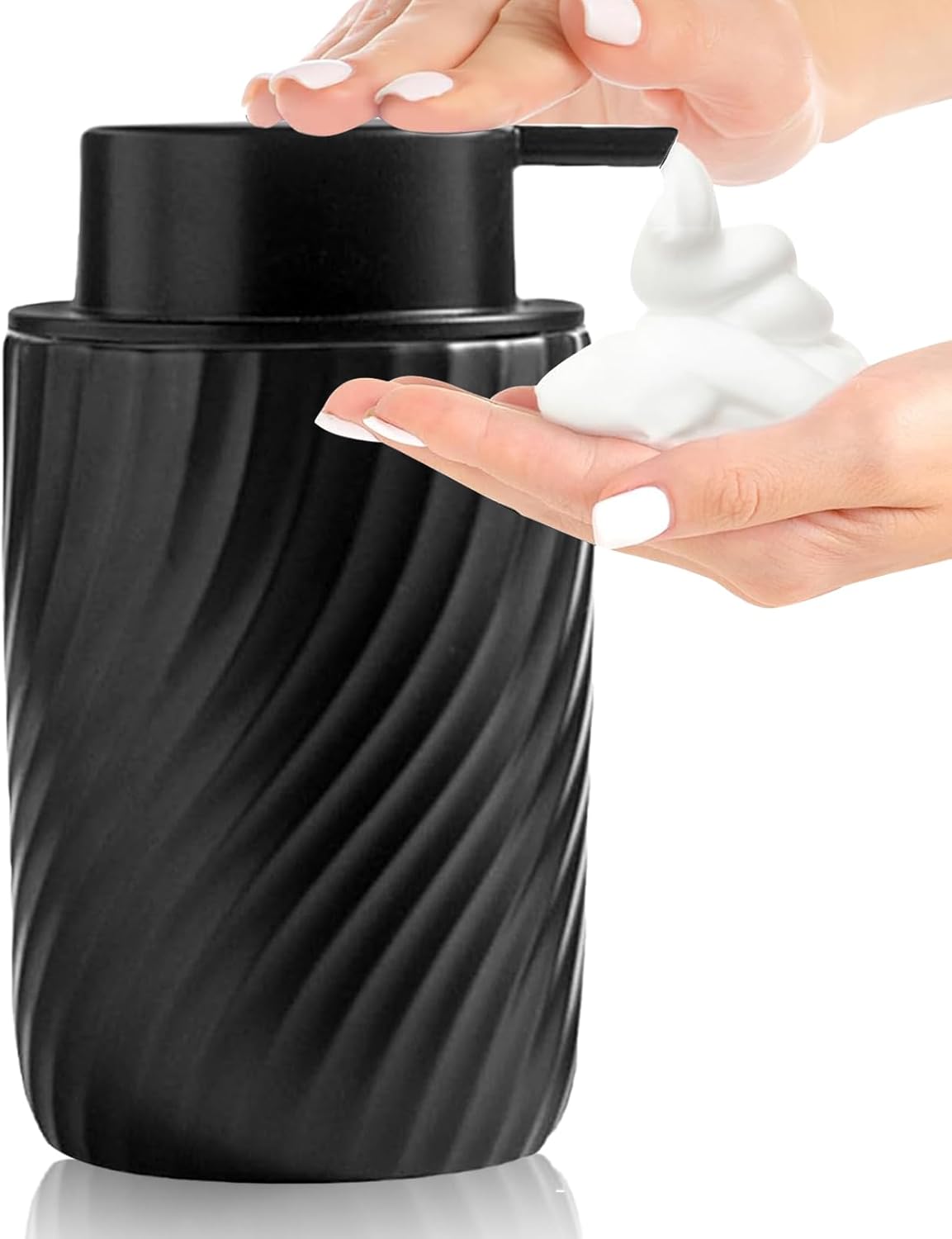 Dozownik mydła ceramiczny 340 ml, napełniany, z szeroką pompką, do łazienek i zlewów kuchennych, czarny.