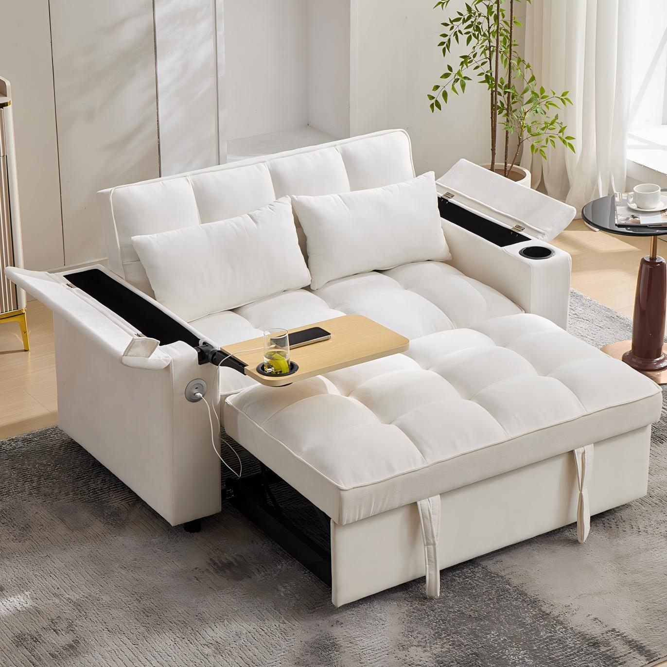 Sofa 2-osobowa z funkcją spania 140,5 x 74 x 82 cm - Regulowane oparcie - Port USB - Uchwyt na kubek - Mały stolik boczny - Beżowy
