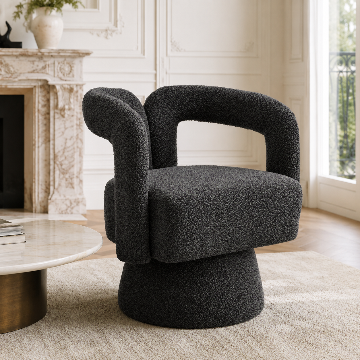 Ciemnoszary fotel w kształcie beczki z boucle, obrotowy o 360 stopni, zaokrąglone ramiona i szerokie siedzisko z formowanej pianki, 67 x 55 x 74 cm