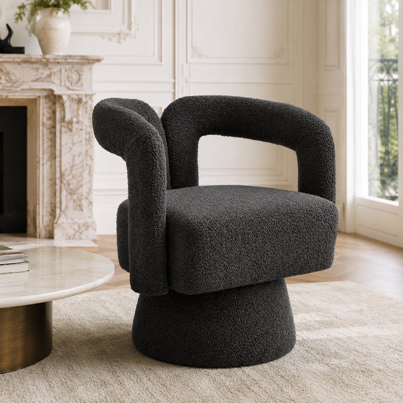Ciemnoszary fotel w kształcie beczki z boucle, obrotowy o 360 stopni, zaokrąglone ramiona i szerokie siedzisko z formowanej pianki, 67 x 55 x 74 cm
