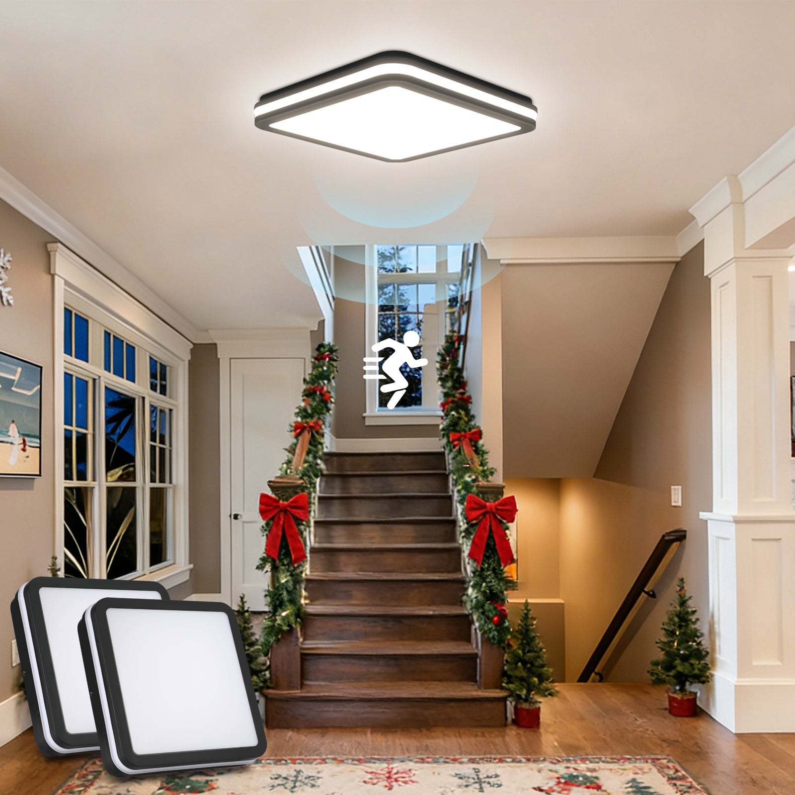 Plafon LED z czujnikiem ruchu 24W 2400LM, kwadratowa czarna lampa sufitowa IP54, plafon LED do łazienki, salonu i korytarza, 2 szt., LOVHAUS