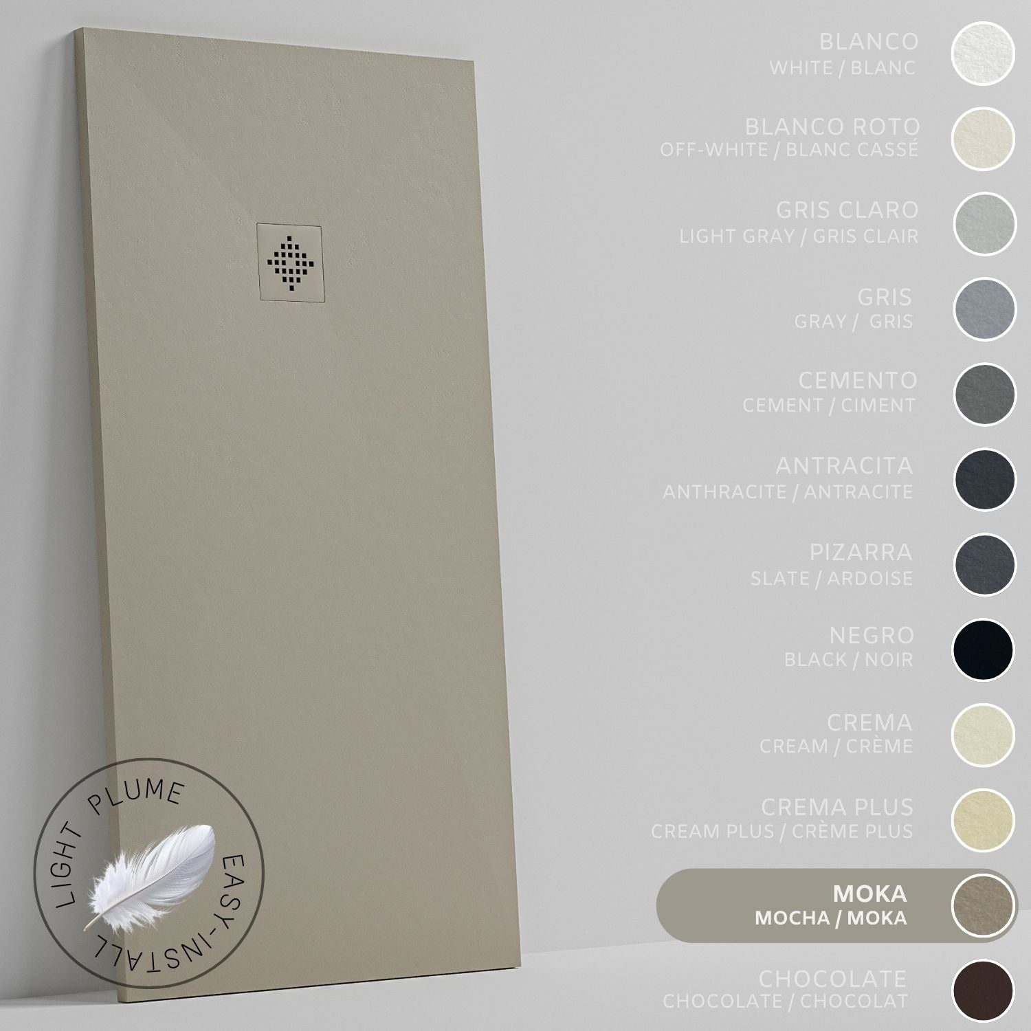 SOULHOME Lekki Brodzik z Żywicy tekstura Łupka Moka – 70X70- cm Ultra-płaski Zawiera Syfon i Kratkę Same