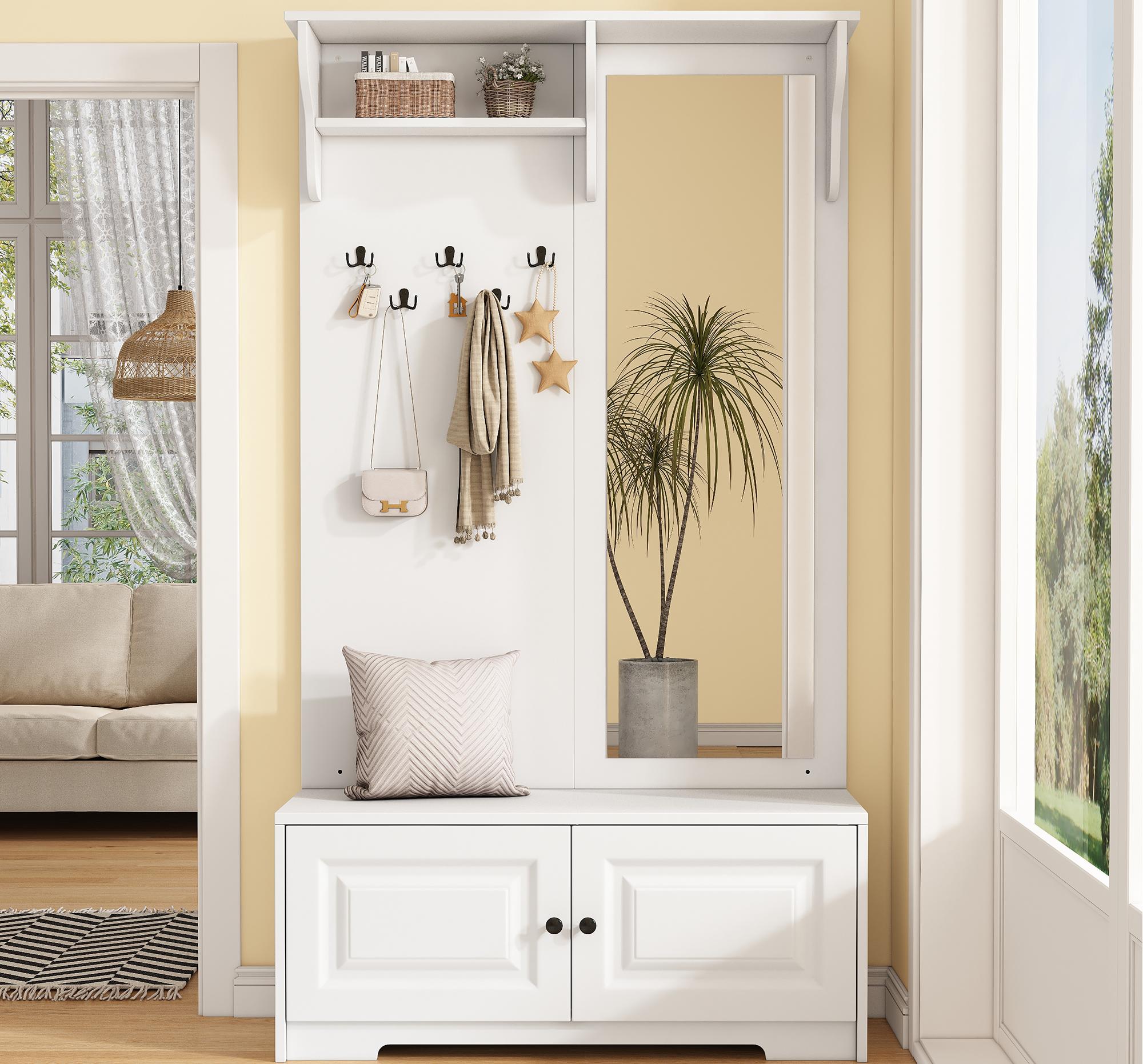 Zestaw do przedpokoju 100 x 40 x 180 cm - z lustrem i 5 wieszakami - 2 drzwi - z szafką na buty i półkami - Biały