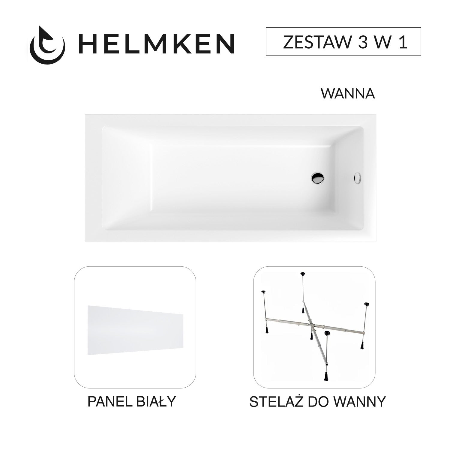 Wanna akrylowa Helmken Athena 170x80 + Panel Biały + Stelaż uniwersalny do wanien Helmken 21230020 / 35090080-3S