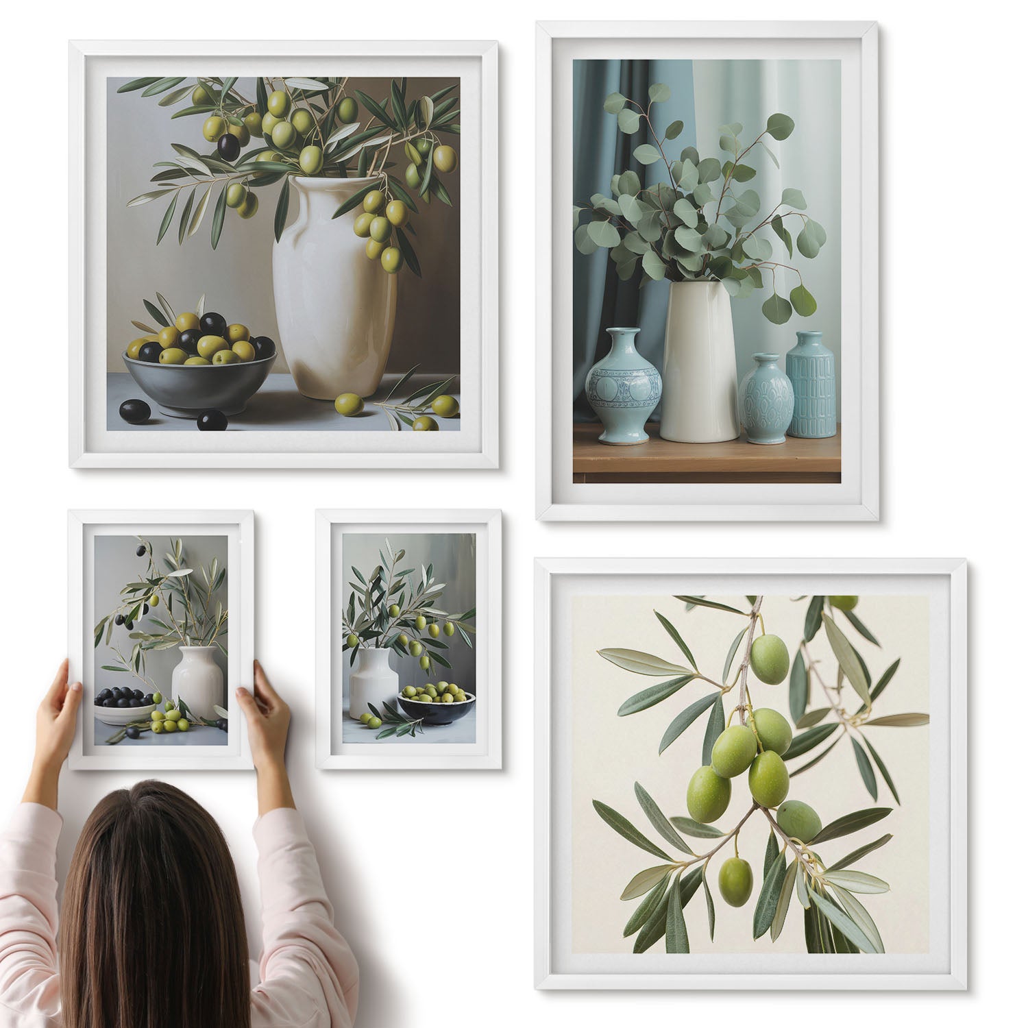 Galeria ścienna 5-częściowy komplet obrazów w białych ramach - Zielone oliwki i kwiaty w stylu skandynawskim - ArtPrintCave