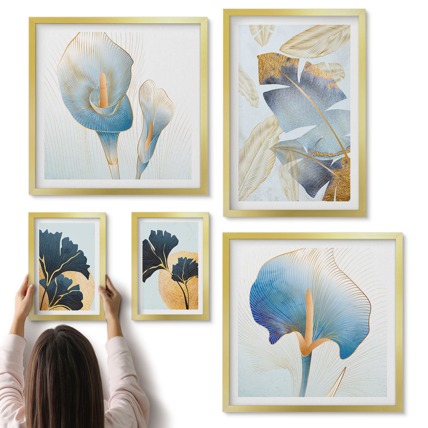 Galeria ścienna 5-częściowy komplet obrazów w złotych ramach - Roślinne motywy w stylu nowoczesnym z delikatnymi akcentami - ArtPrintCave