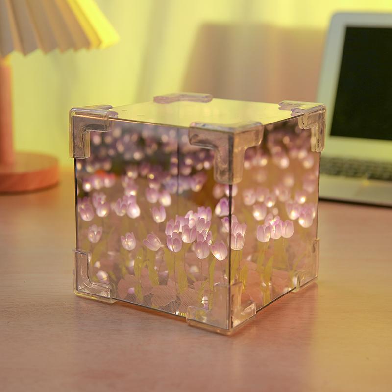Lampka nocna lustrem ręcznie robiona lampka nocna DIY fioletowych lampek nocnych kształcie kostki tulipana kreatywny prezent idealny wybór przyjaciół