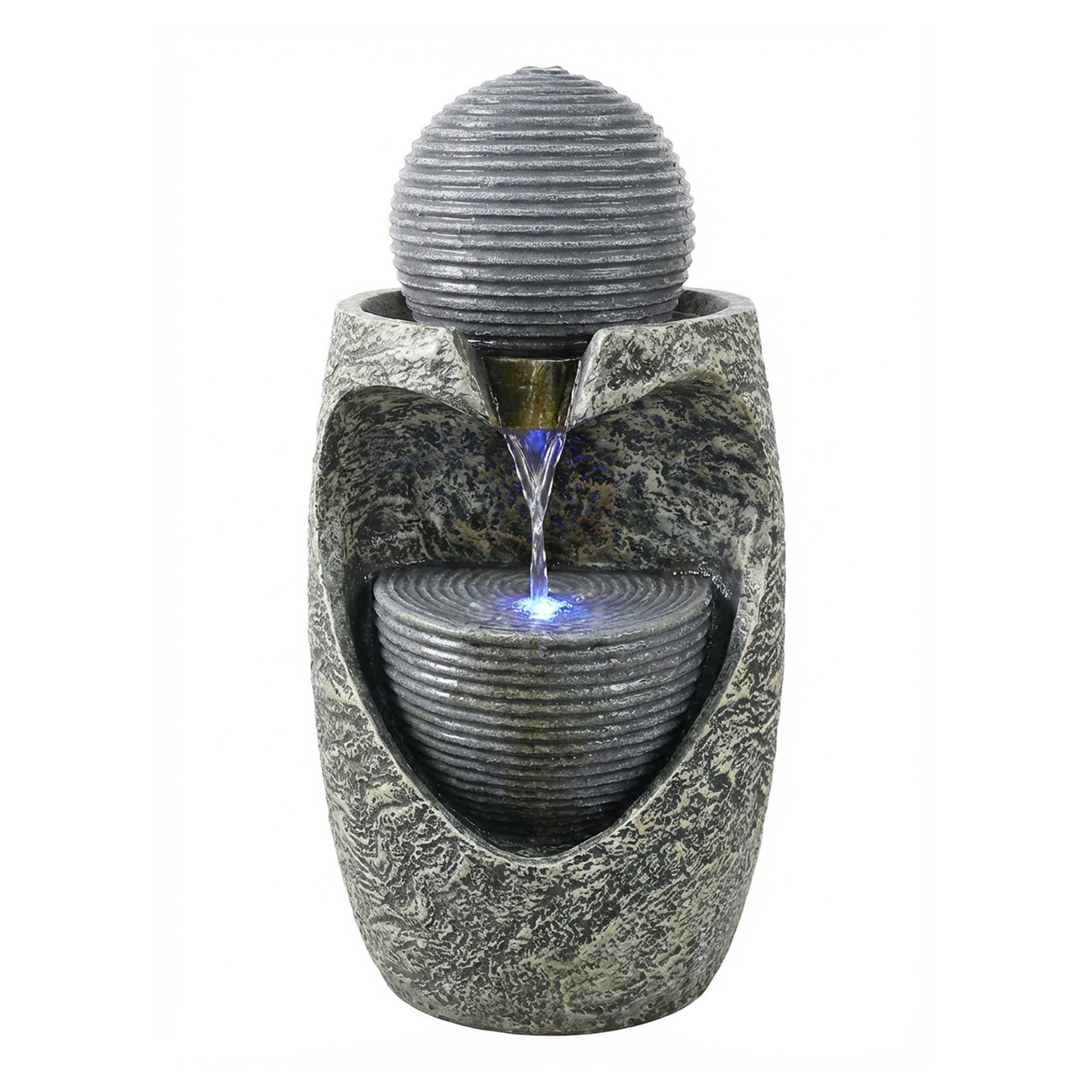 Köhko® Fuente de jardín 17004 “Steinquell Aura” con LED – Fuente de jardín moderna con aspecto de piedra natural para jardín y terraza