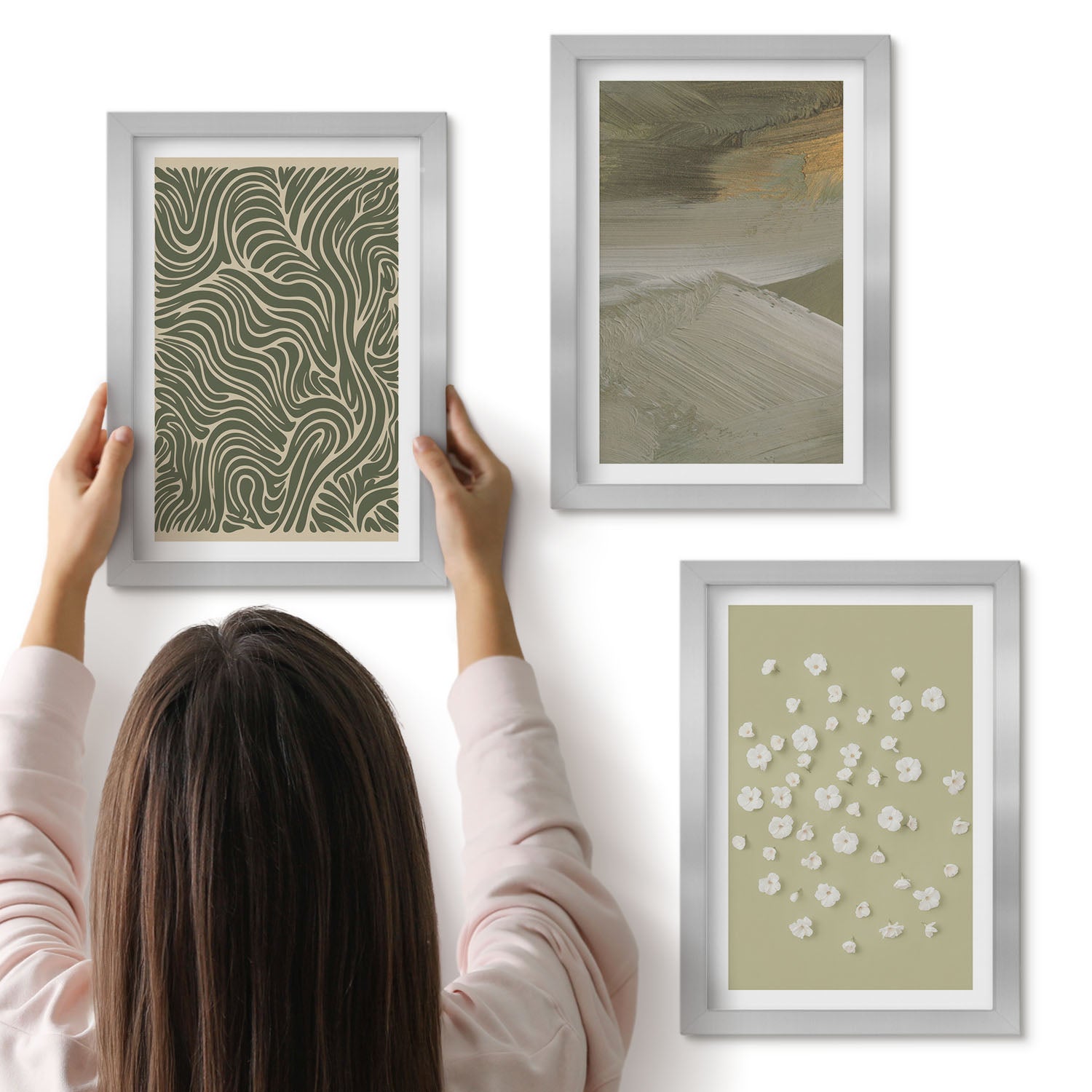 Galeria ścienna 3-częściowy komplet obrazów w srebrnych ramach - Wzory faliste i abstrakcyjne z kwiatami boho - ArtPrintCave