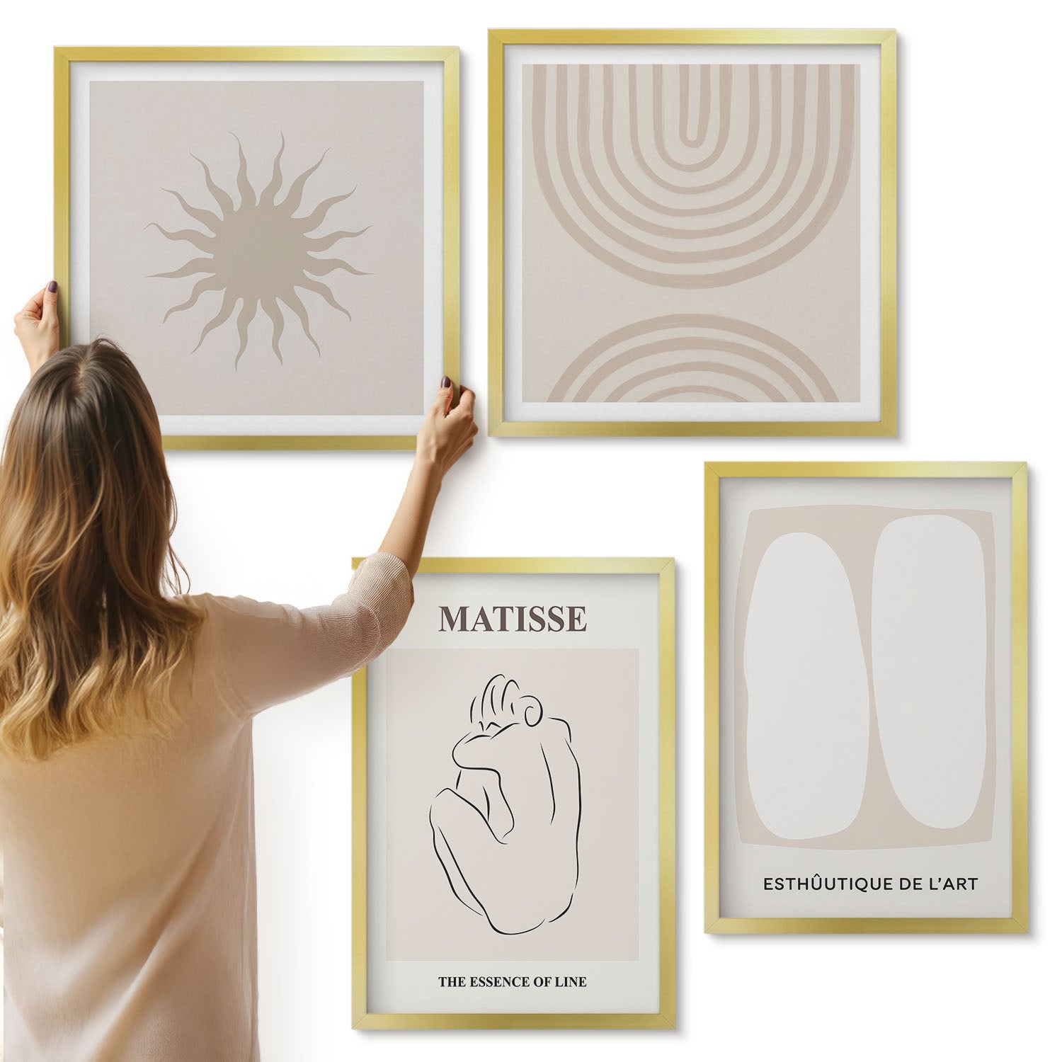 Galeria ścienna 4-częściowy komplet obrazów w złotych ramach - Stylowe linie i minimalistyczne kształty w neutralnych tonach - ArtPrintCave