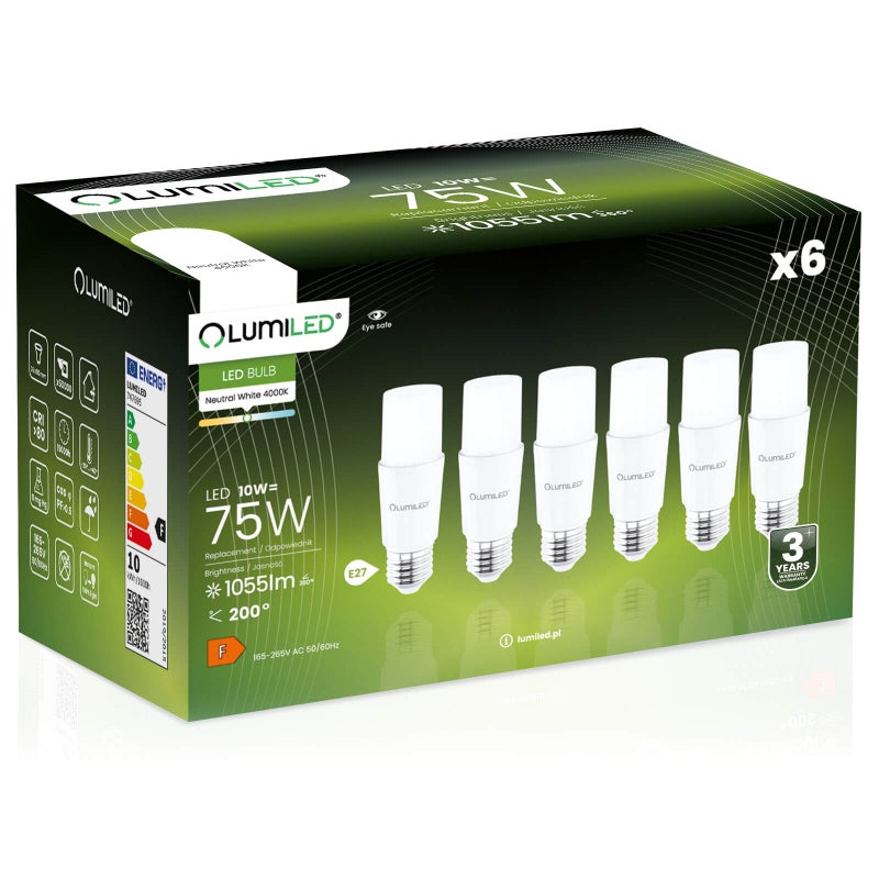 6x Żarówka Lumiled LED E27 Tubularna T37 10W = 75W 1055lm 4000K Neutralna 200st