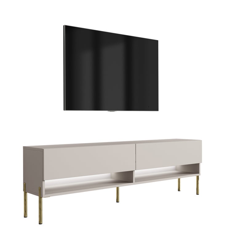 Szafka pod telewizor 170 cm Kaszmir, nóżki proste złote, LED biały, 170 × 32 × 52 cm