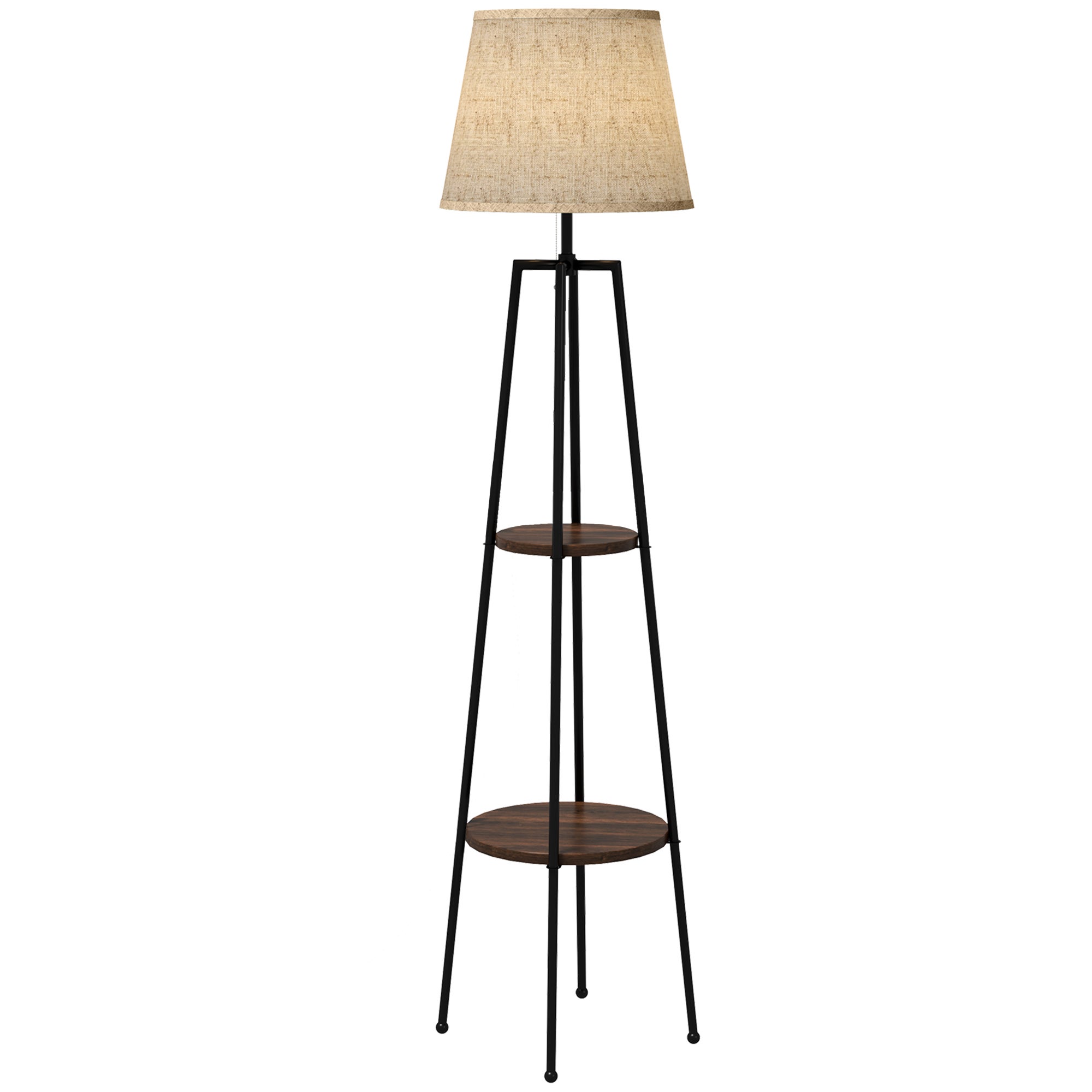 Lampa stojąca z 2 półkami, oprawka E27 40W, włącznik łańcuszkowy, abażur z tkaniny, 42 x 42 x 166 cm, kolor czarny i brązowy