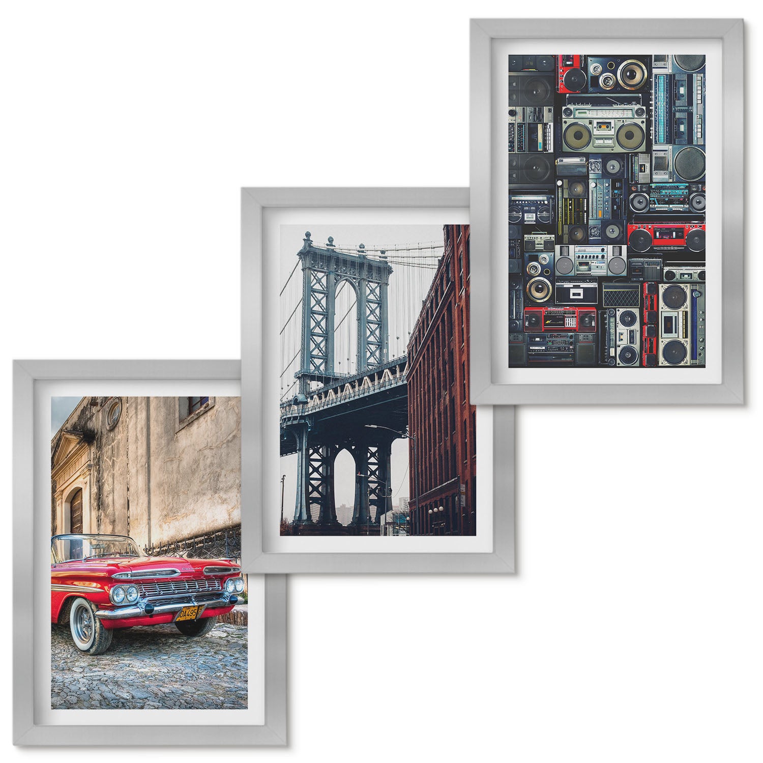 Zestaw obrazów w ramie - 3 części | Stare auto na ulicy most Brooklyn i retro sprzęt audio | Srebrna ramka