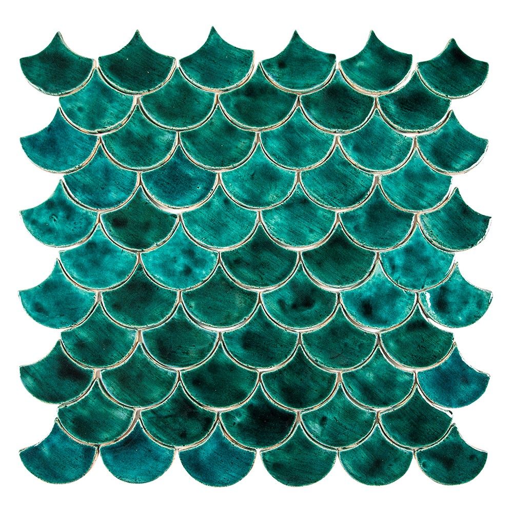 Płytki w kształcie rybiej łuski w kolorze morskim i turkusowym – "Emerald Bay" – 0,3 m²/opak., 49 płytek 10,2×9 cm – łazienka, kuchnia, salo