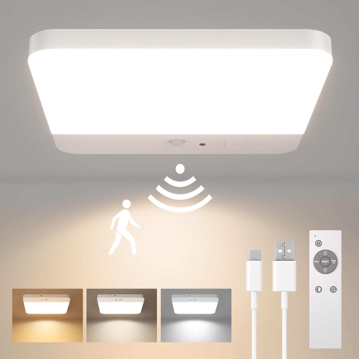 Lampa sufitowa z czujnikiem ruchu, bezprzewodowa lampa sufitowa LED, akumulatorowa lampa sufitowa do prysznica, łazienki, garażu, klatki schodowej, 3