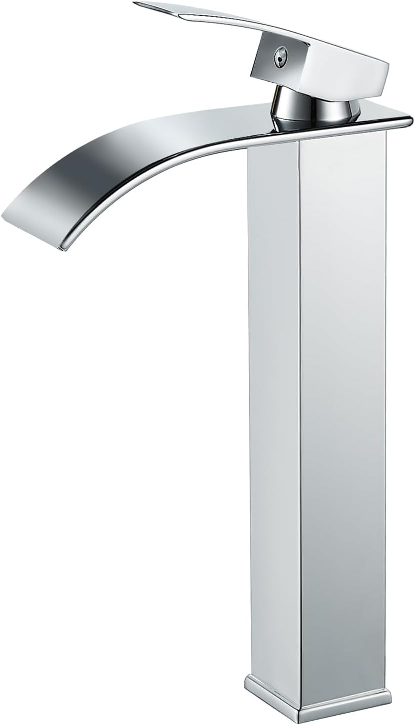 Bateria umywalkowa wodospadowa w kolorze srebrnym chromowanym, bateria zlewozmywakowa, wysoka wylewka 232 mm, bateria wodospadowa w kolorze srebrnym