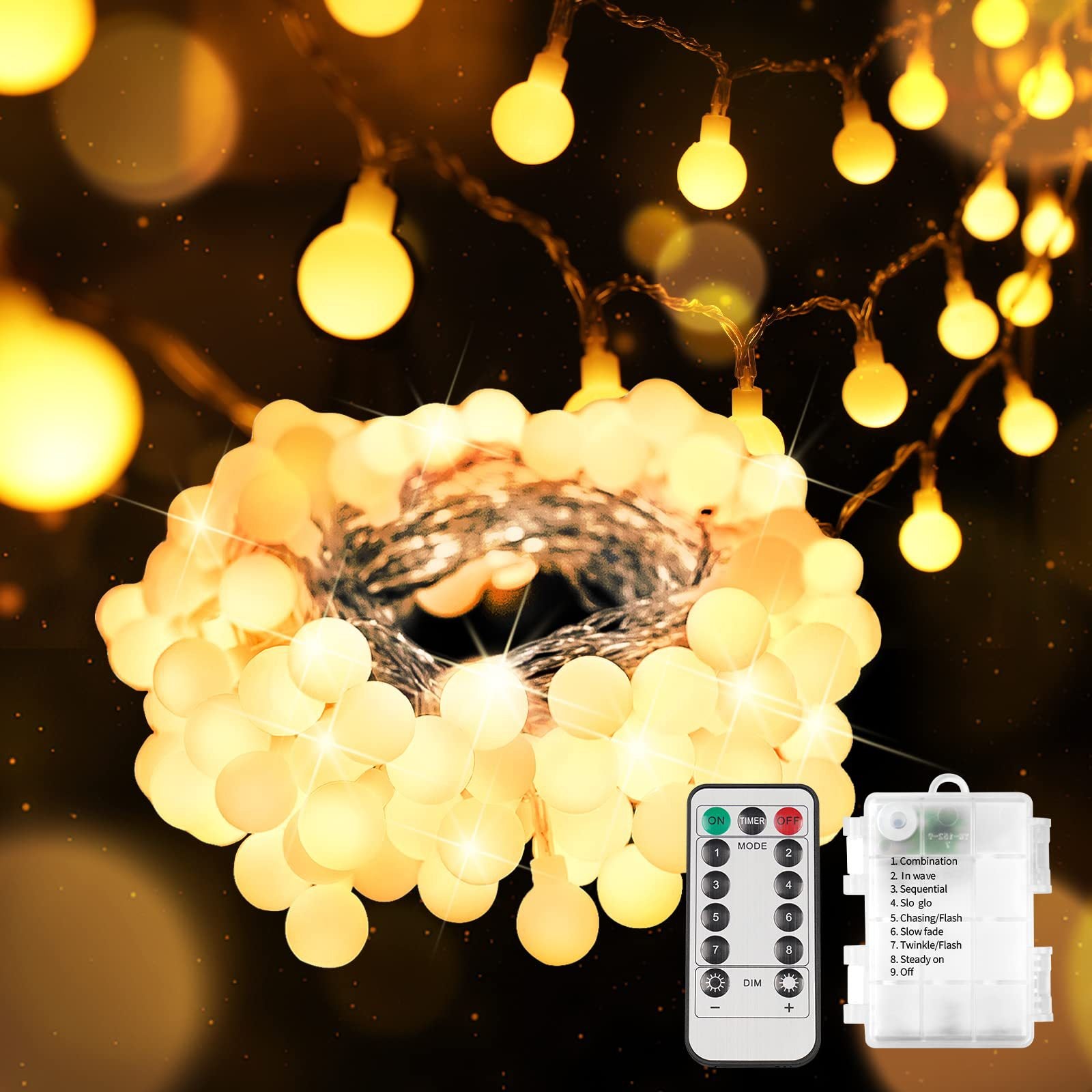 Girlanda świetlna na baterie, 5,9 m, 50 kul LED, 8 trybów, wodoszczelna girlanda świetlna, girlandy świetlne USB do wnętrz i na zewnątrz