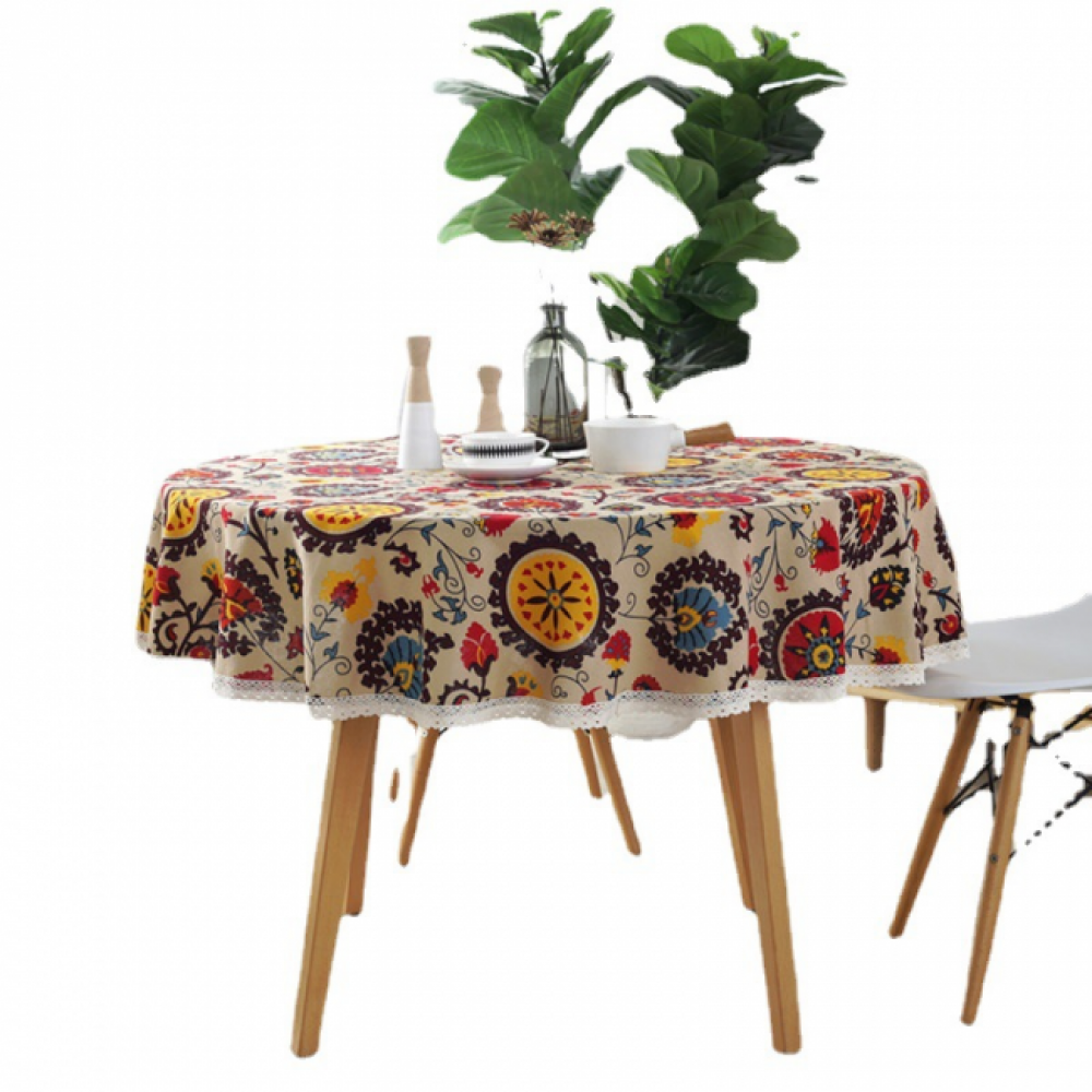 Obrus bawełniano-lniany, obrus koronkowy, odpowiedni do restauracji i ogrodu, 150 cm, wielokolorowy
