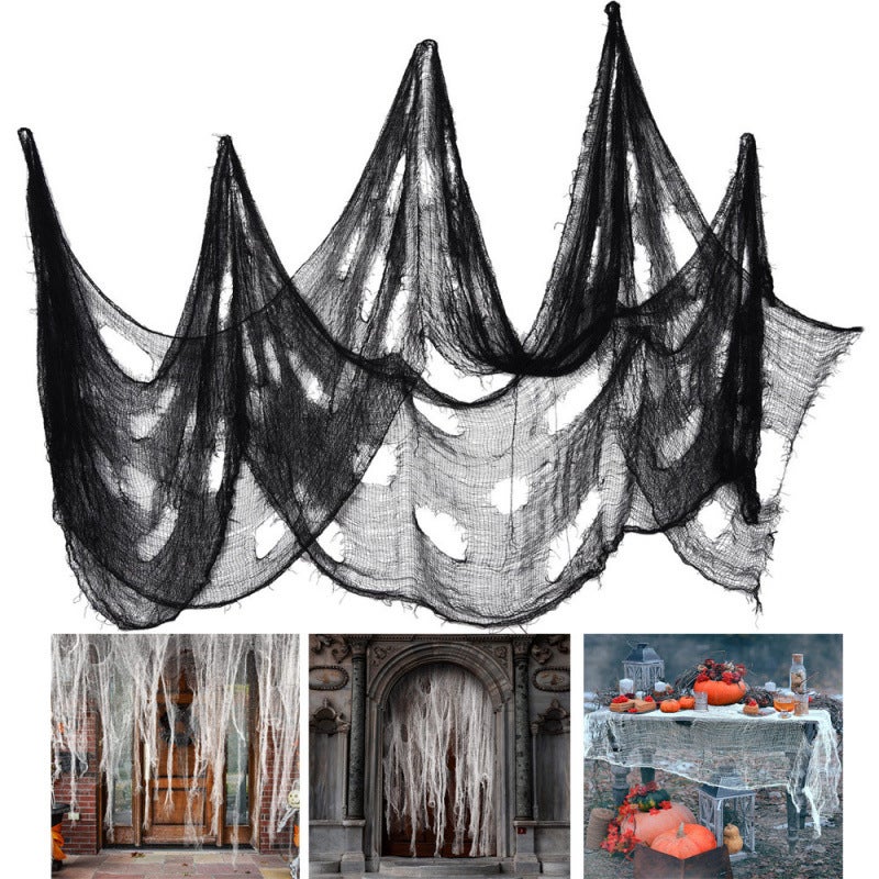 Dekoracyjna zasłona z siateczki – czarna 215 x 500 cm – Tkanina dekoracyjna na Halloween – Dekoracyjna siatka do zawieszenia na Halloween