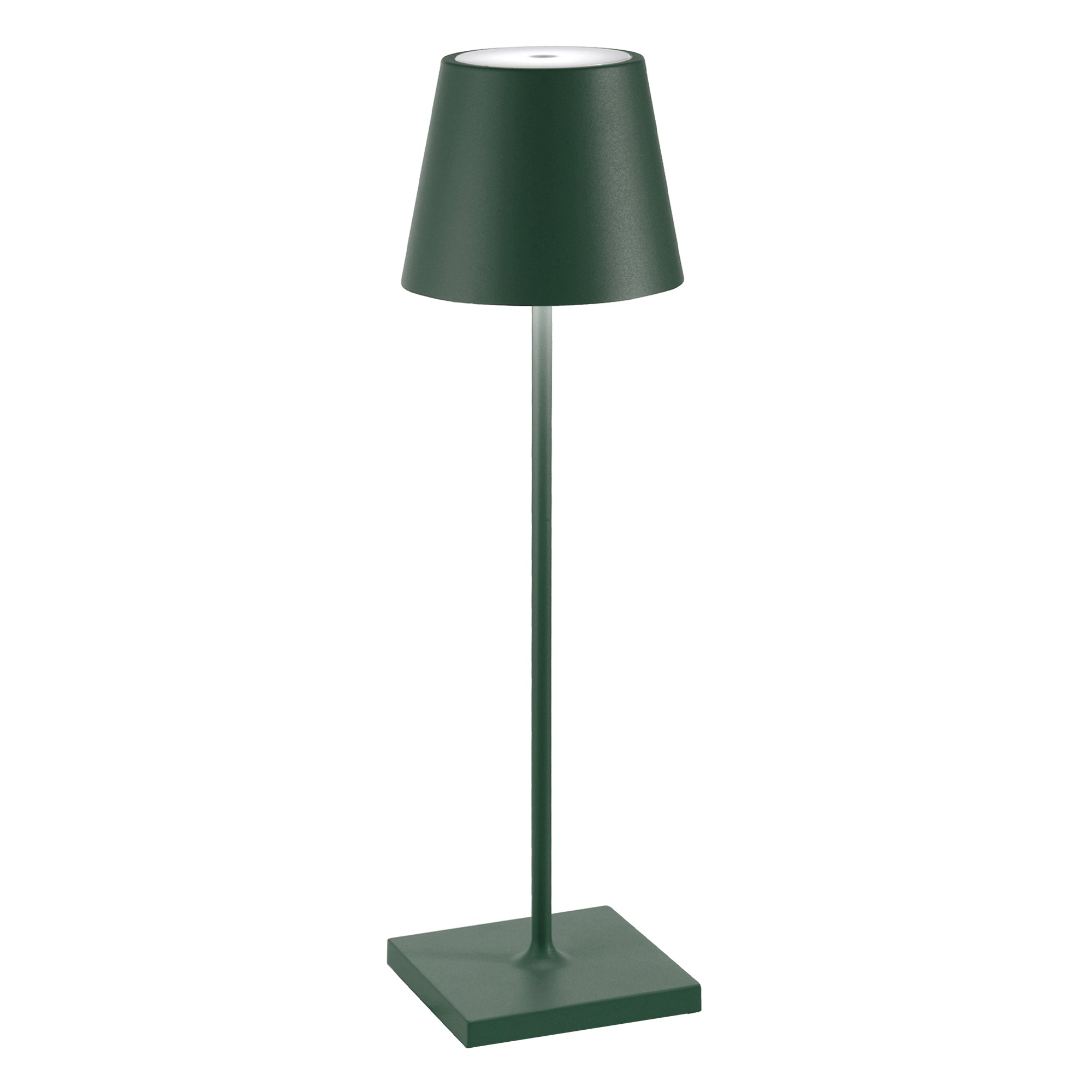 Lampa stołowa LED Zafferano Poldina Pro w kolorze ciemnozielonym, z możliwością ładowania i ściemniania, z czasem pracy na baterii do 12 godzin