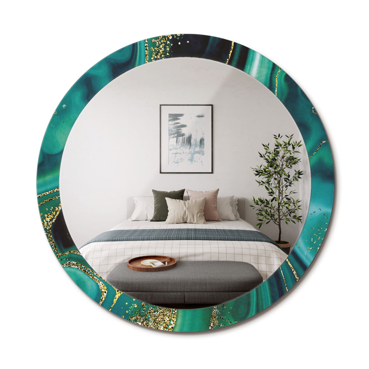 Stylowe lustro okrągłe z grafiką na szklanej ramie Szmaragdowy marmur - 90 cm - ArtPrintCave