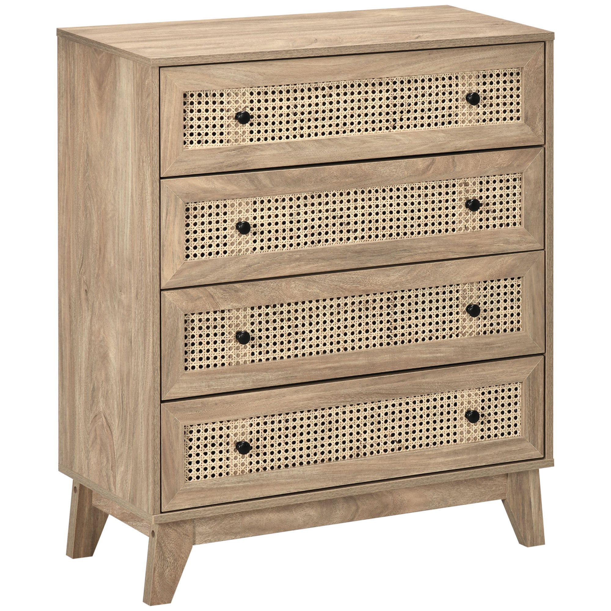 Boho Styl Komoda z 4 szuflady i Rattan Inserts, 80 x 35 x 95 cm, naturalny drewno