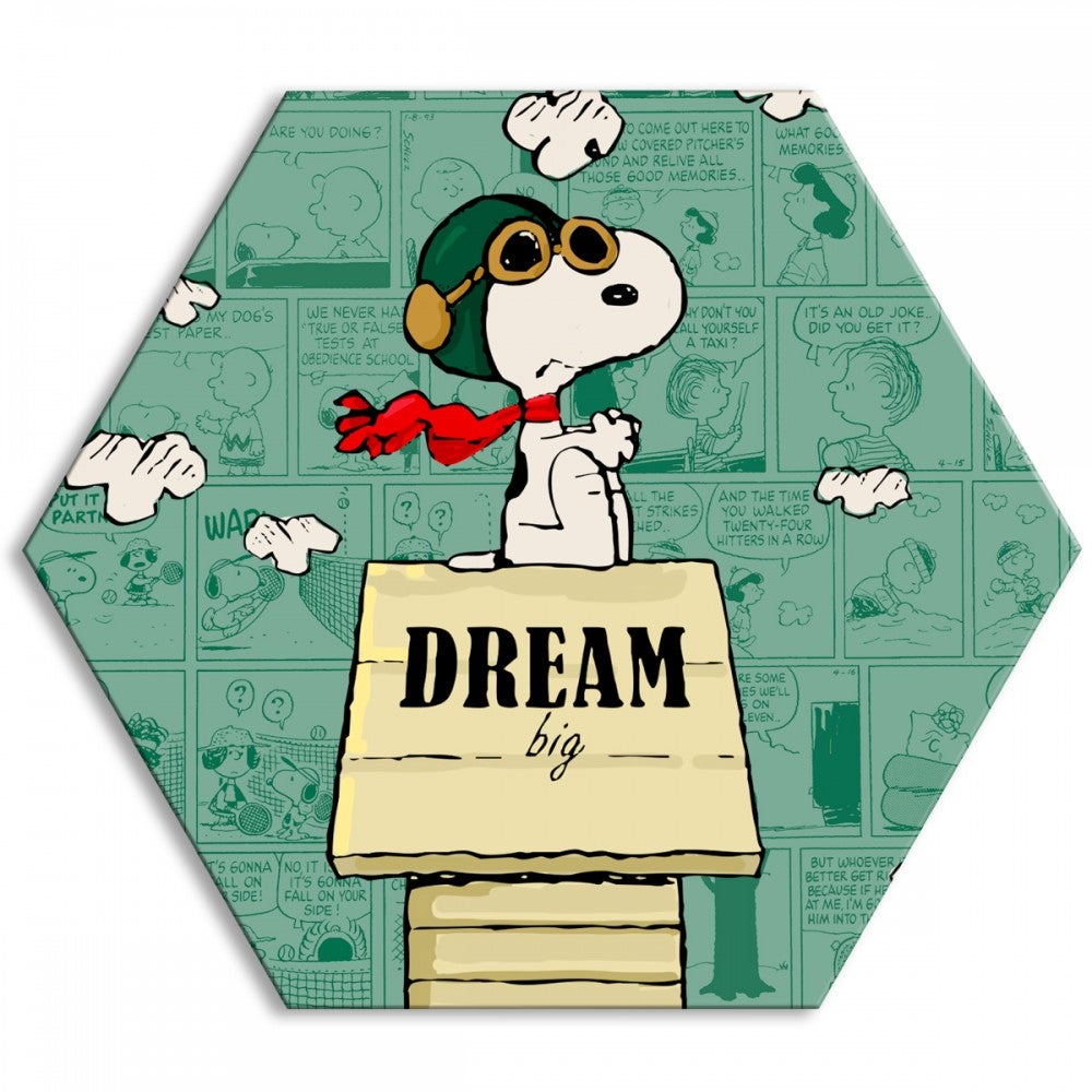 SNOOPY - DREAM BIG - Płótno sześciokątne - Obraz wydrukowany na płótnie i oprawiony w ramę z tworzywa PVC o wymiarach 120x120 cm