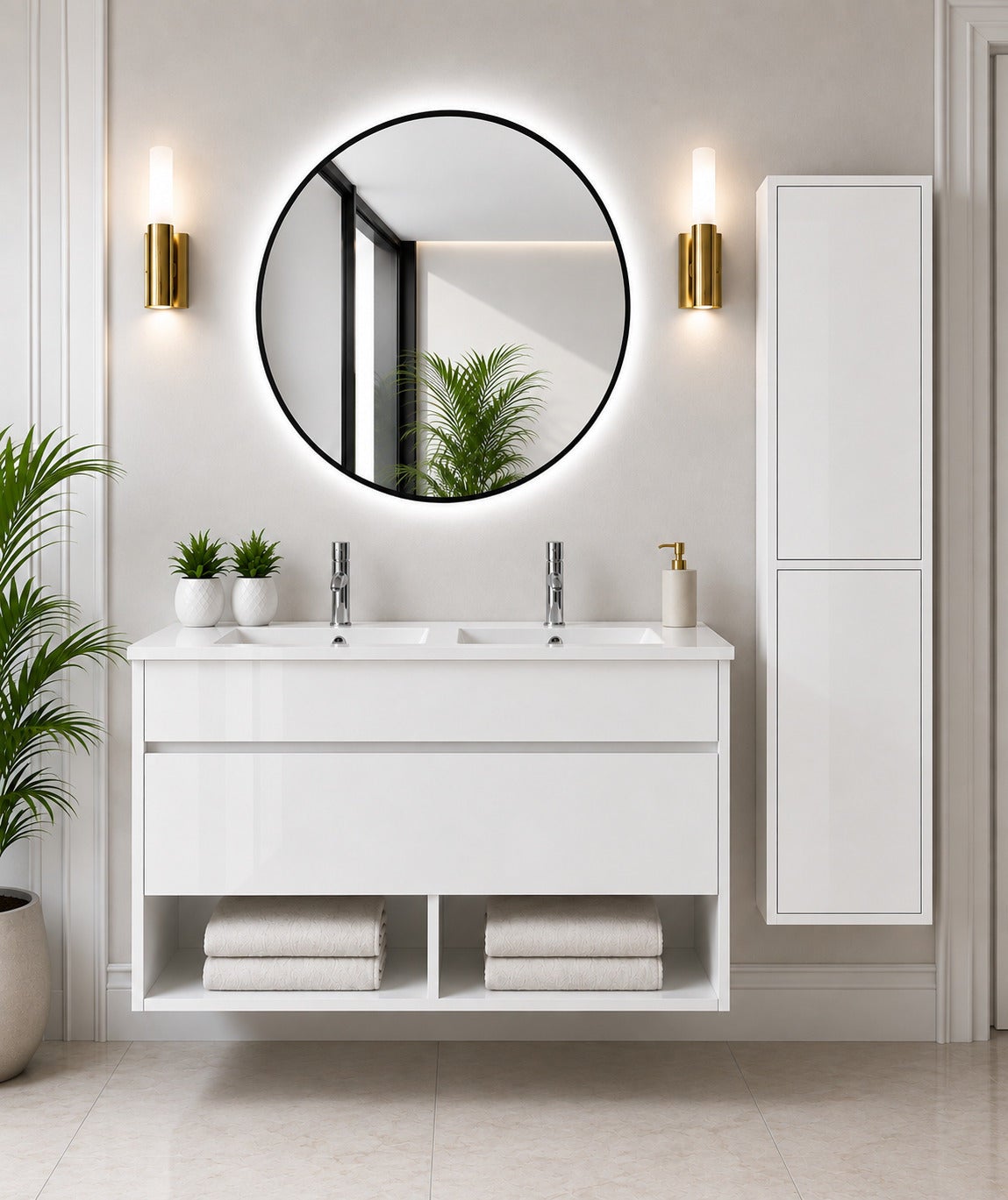 Wisząca szafka łazienkowa z umywalką ORIGENBATH NEBARI z szufladą z kolumną 120x45 cm podwójna umywalka biały z kolumną