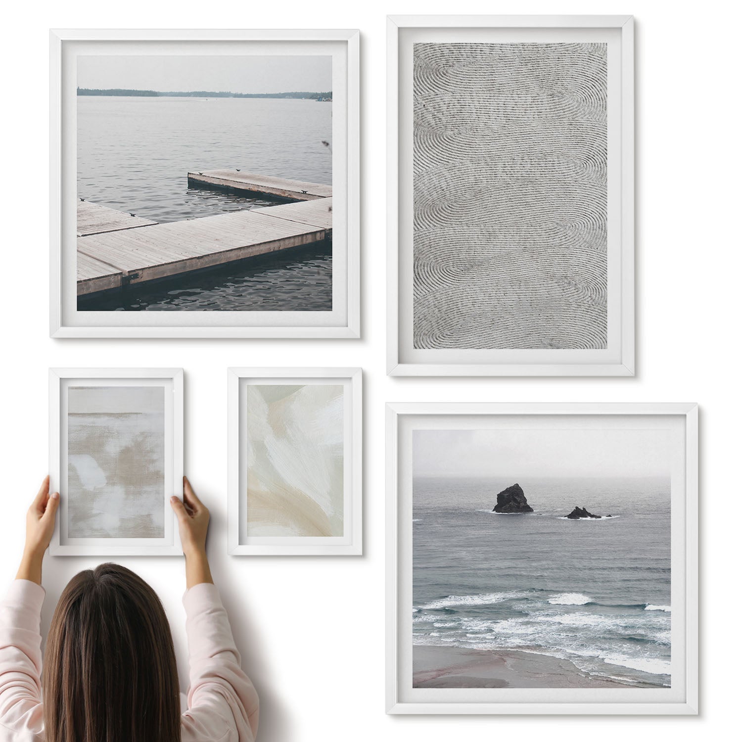 Galeria ścienna 5-częściowy komplet obrazów w białych ramach - Abstrakcja w designie nowoczesne tekstury malarskie - ArtPrintCave