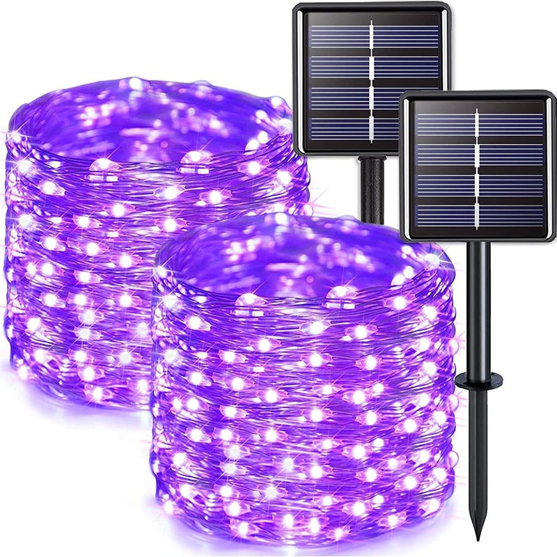 Dwa zasilane energią słoneczną łańcuchy świetlne, każdy o długości 22 metrów, wyposażone są w 200 fioletowych diod LED i 8 trybów oświetlenia.