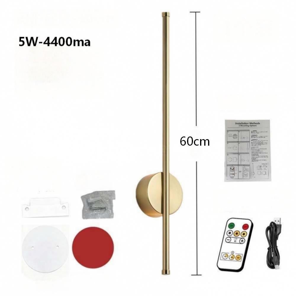Bezprzewodowa metalowa lampa ścienna 5 W, 60 cm, ładowana przez USB, regulacja jasności i barwy (3 temperatury barwowe) [Przycisk + Pilot] (Złota)